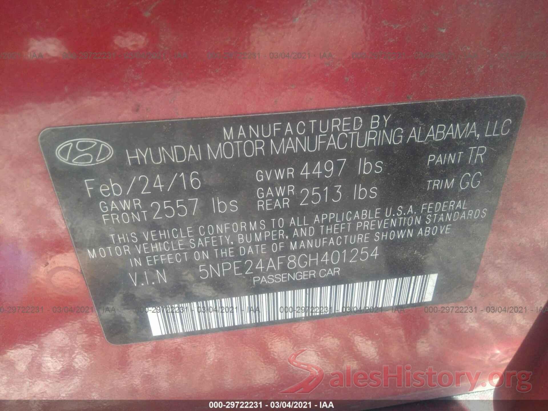 5NPE24AF8GH401254 2016 HYUNDAI SONATA