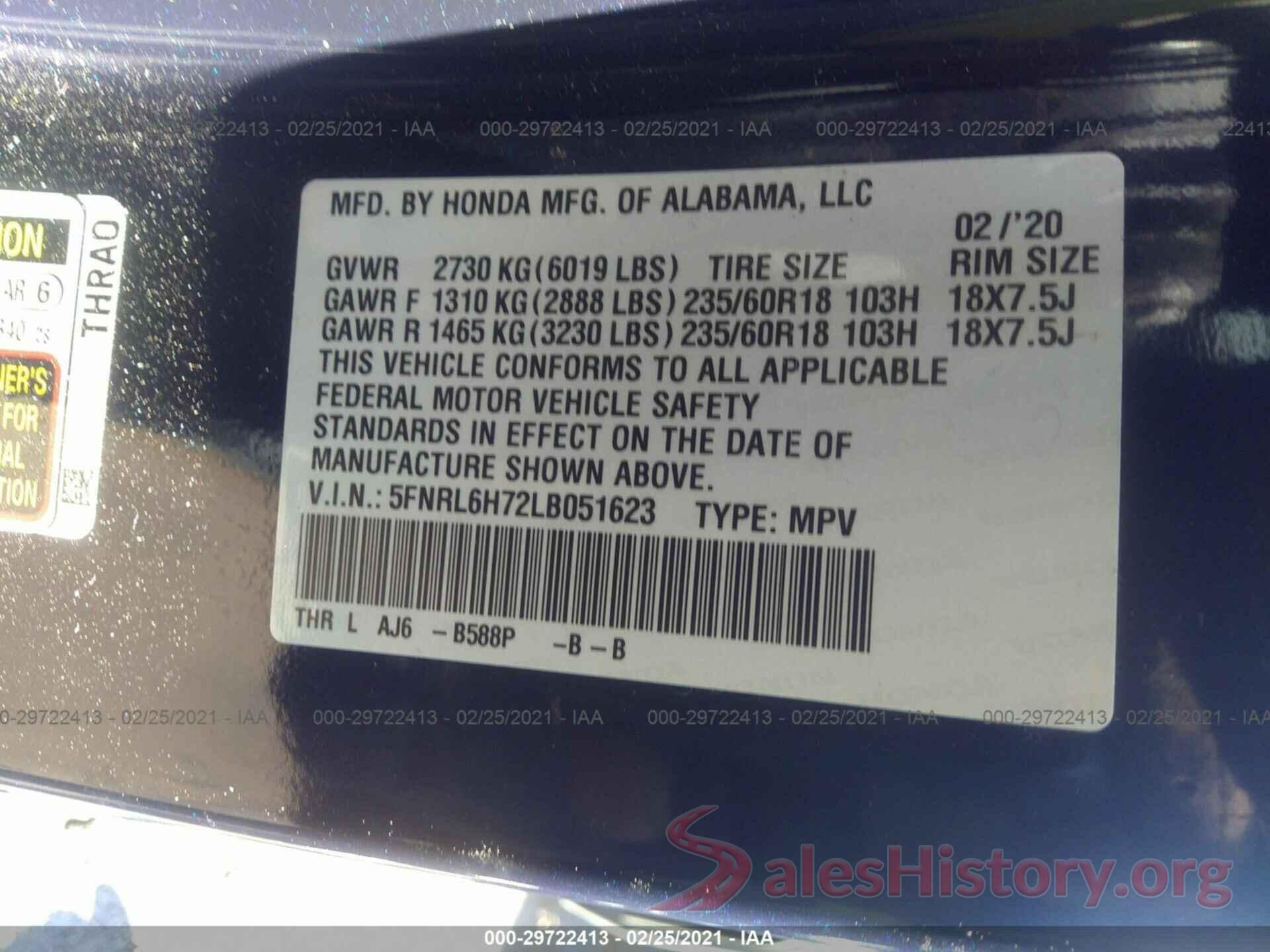 5FNRL6H72LB051623 2020 HONDA ODYSSEY