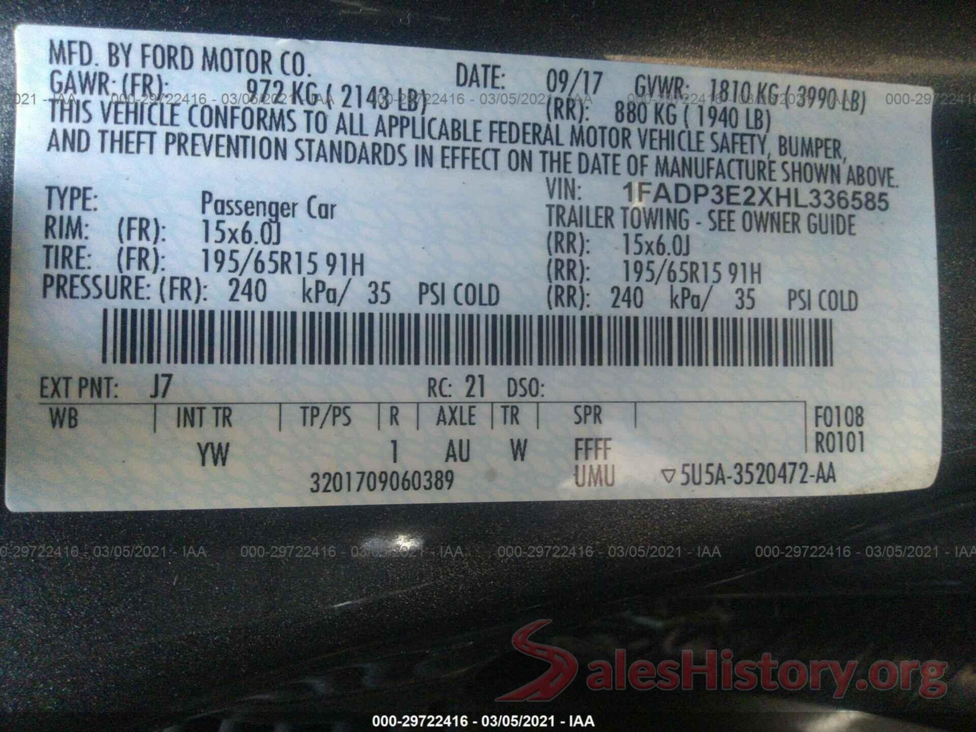 1FADP3E2XHL336585 2017 FORD FOCUS