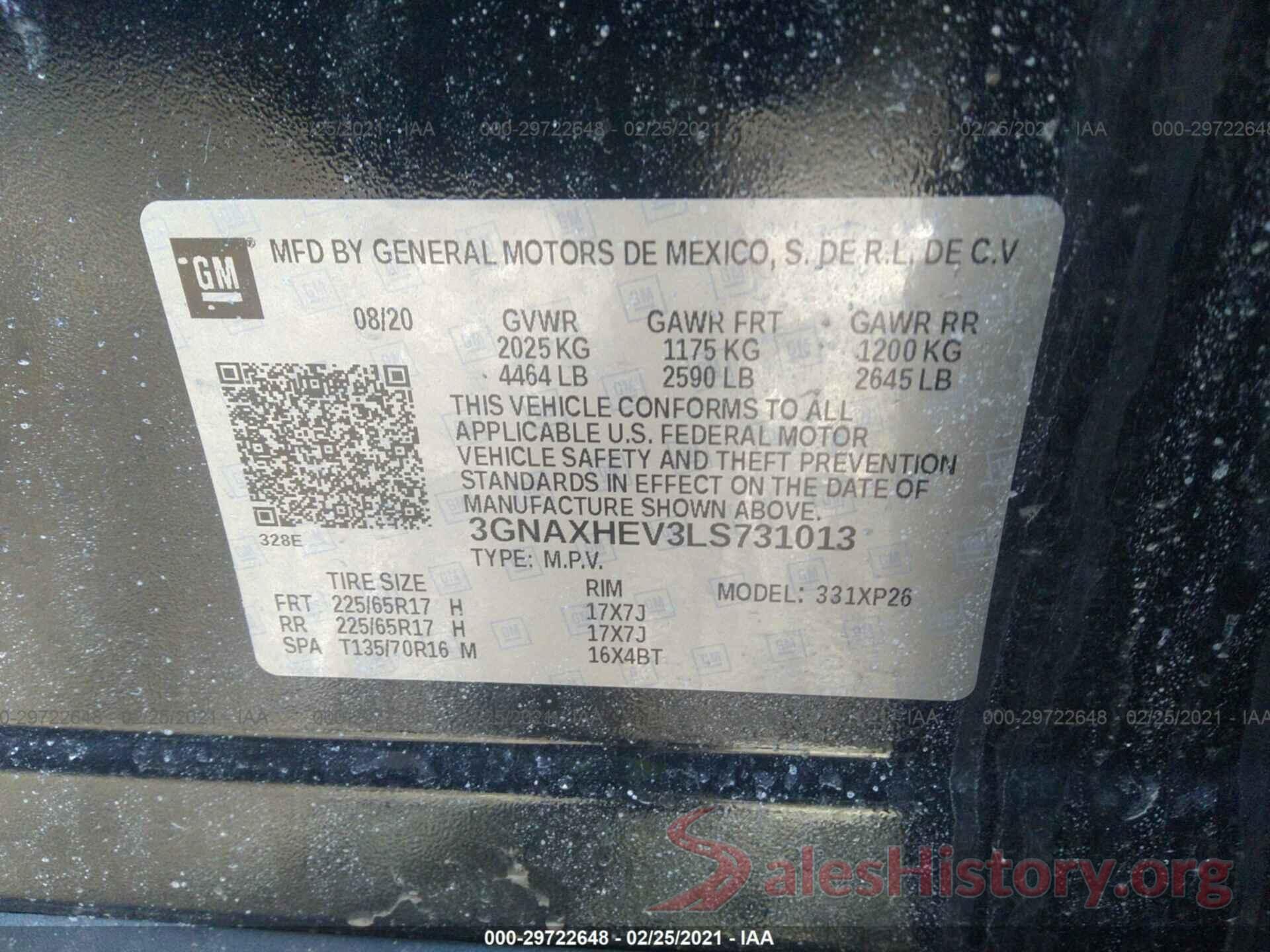 3GNAXHEV3LS731013 2020 CHEVROLET EQUINOX