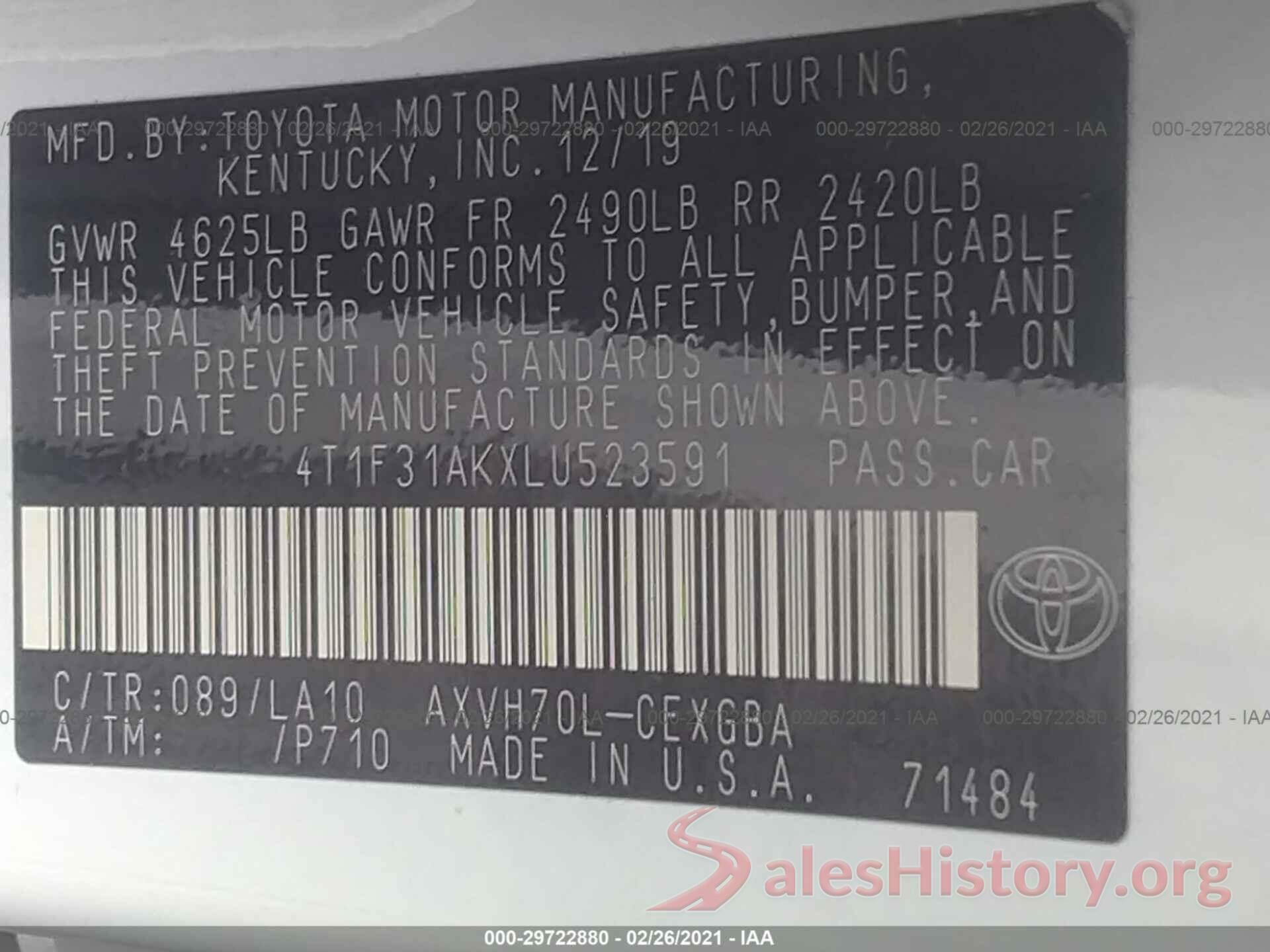 4T1F31AKXLU523591 2020 TOYOTA CAMRY