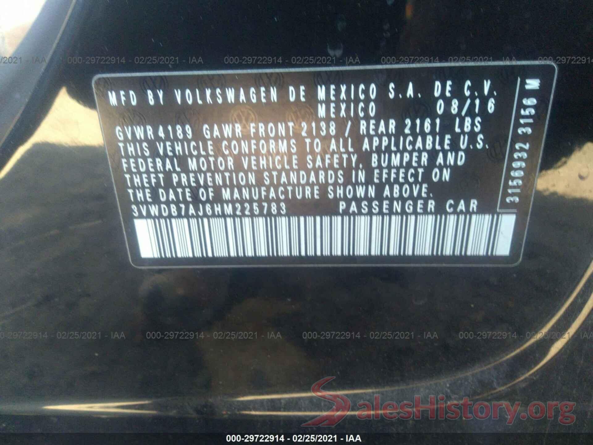 3VWDB7AJ6HM225783 2017 VOLKSWAGEN JETTA