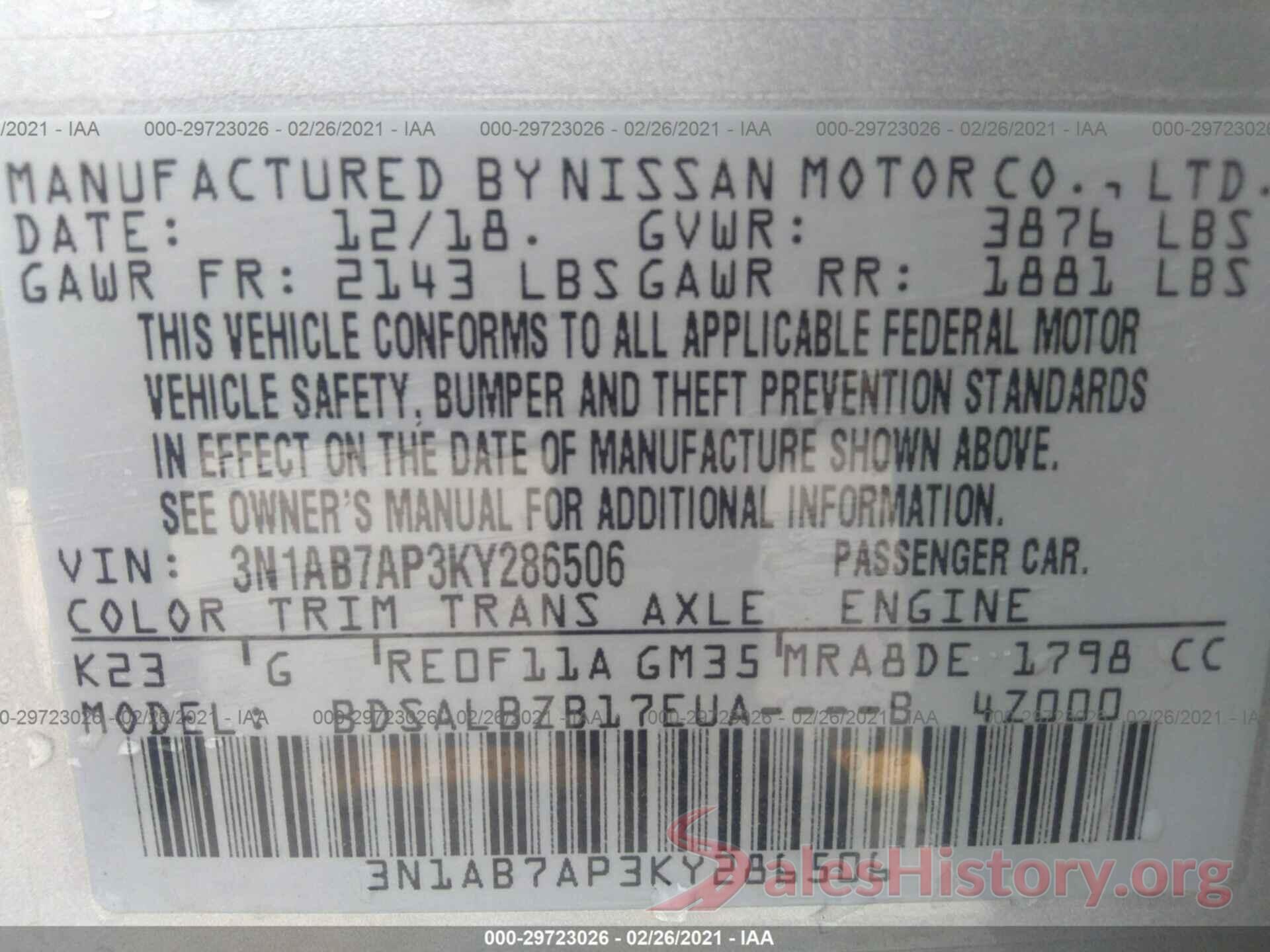 3N1AB7AP3KY286506 2019 NISSAN SENTRA