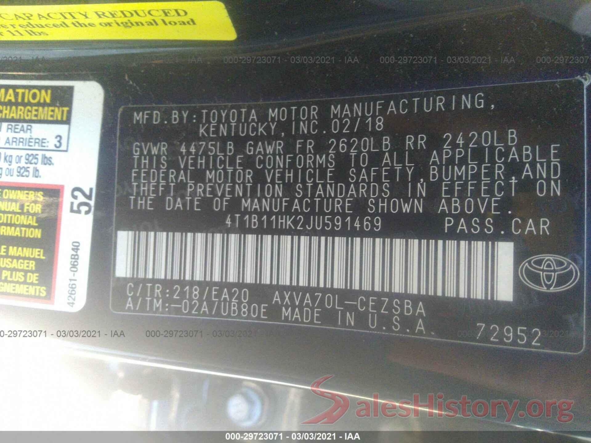 4T1B11HK2JU591469 2018 TOYOTA CAMRY