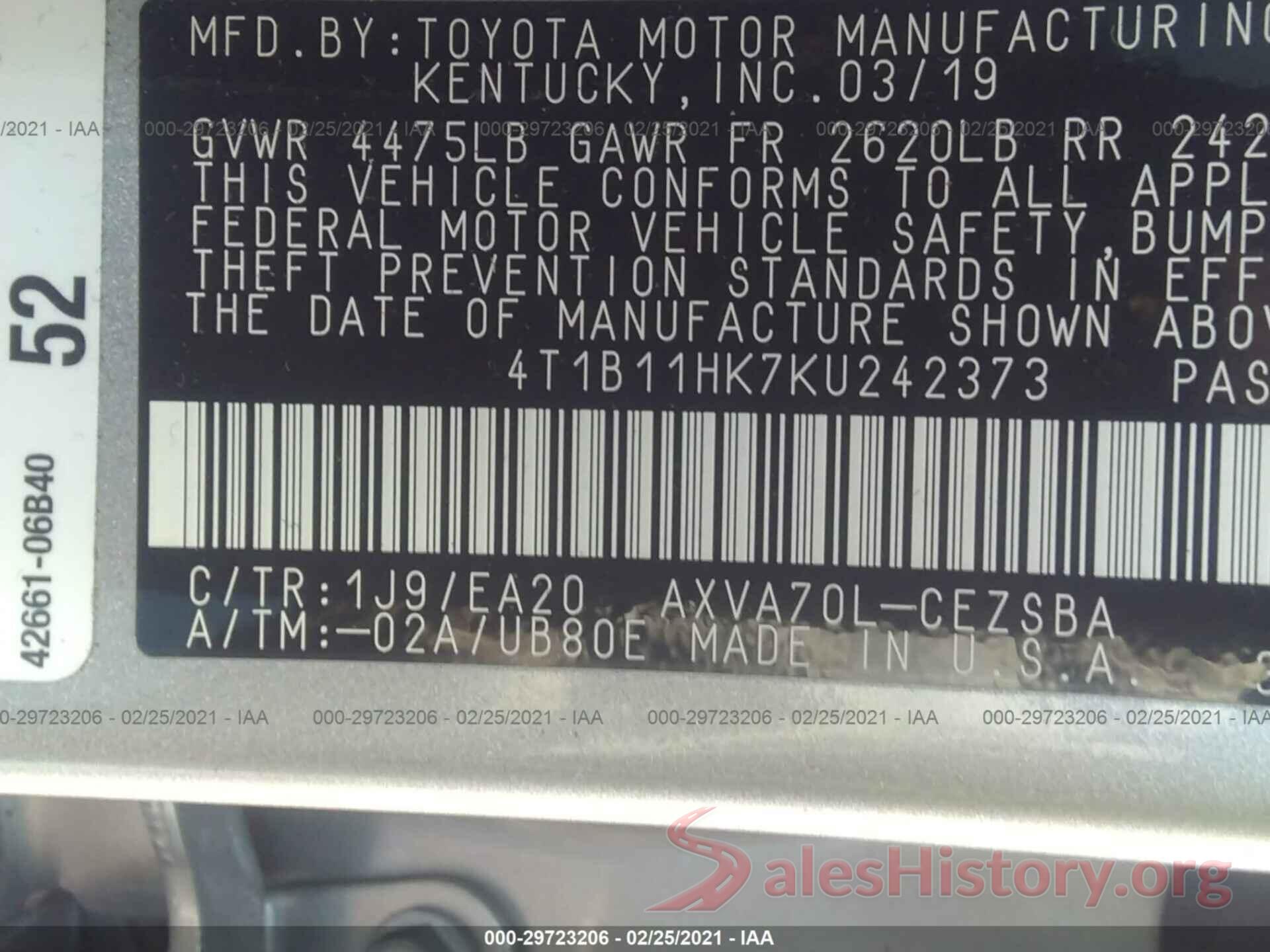 4T1B11HK7KU242373 2019 TOYOTA CAMRY