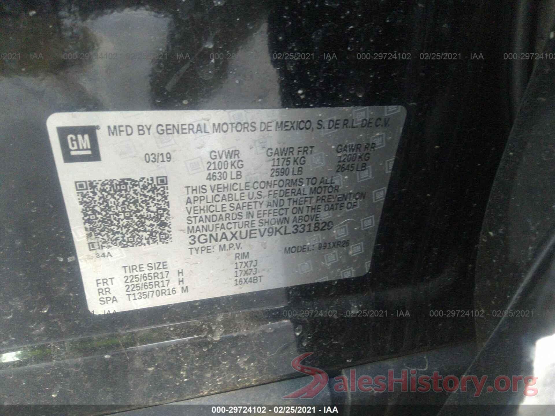 3GNAXUEV9KL331829 2019 CHEVROLET EQUINOX