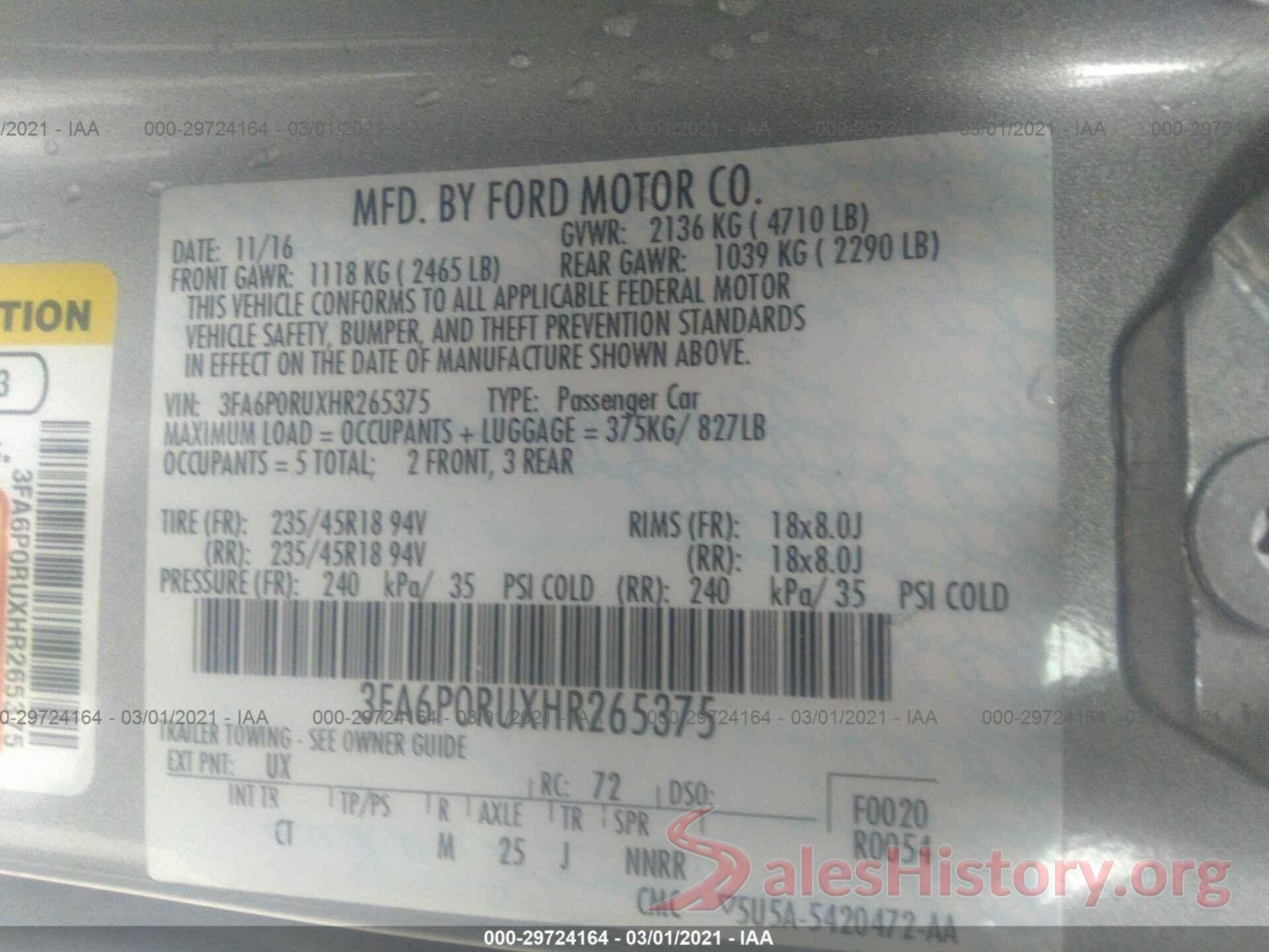 3FA6P0RUXHR265375 2017 FORD FUSION