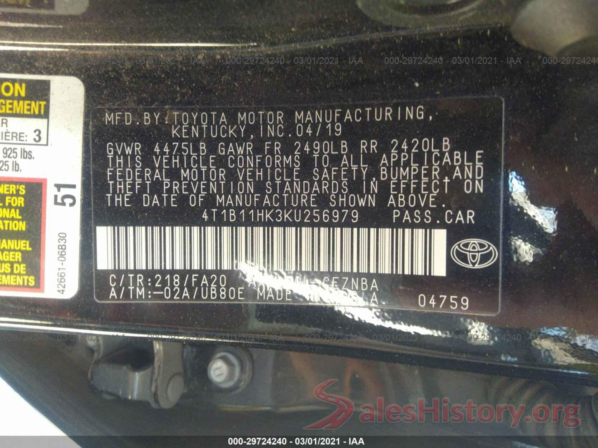 4T1B11HK3KU256979 2019 TOYOTA CAMRY