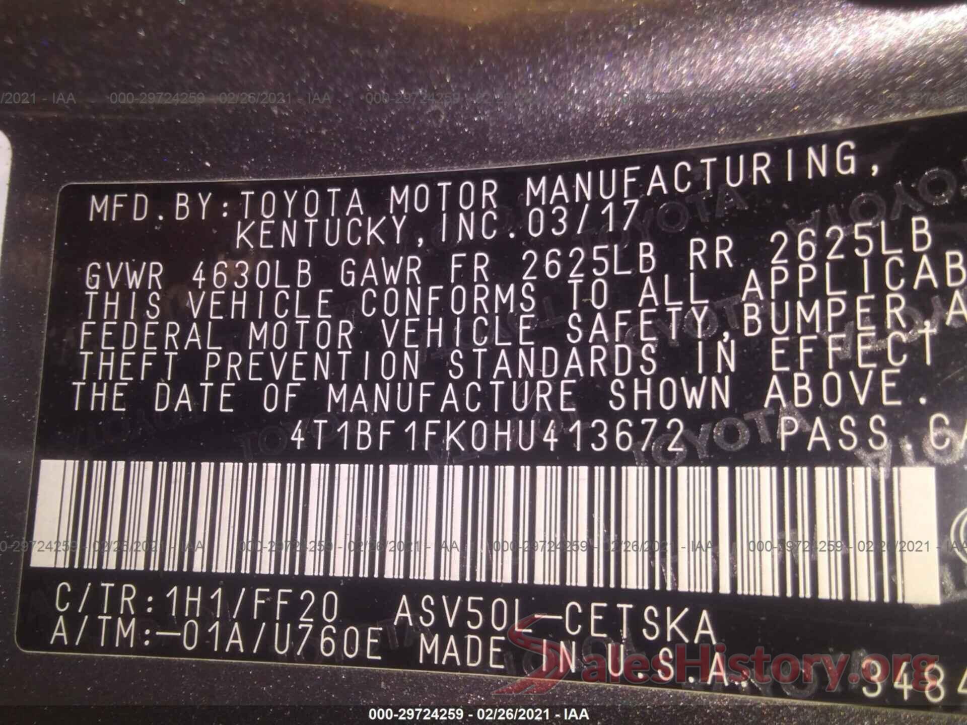 4T1BF1FK0HU413672 2017 TOYOTA CAMRY