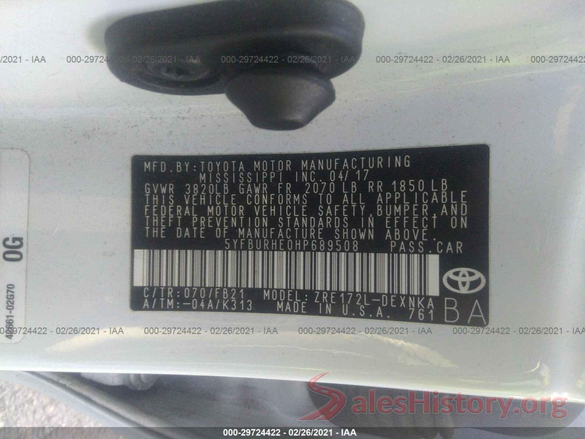 5YFBURHE0HP689508 2017 TOYOTA COROLLA