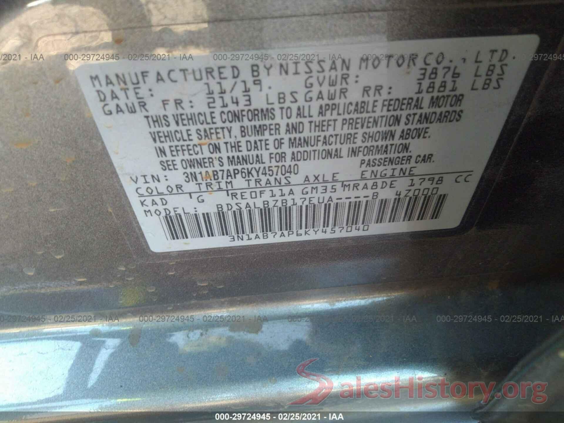 3N1AB7AP6KY457040 2019 NISSAN SENTRA