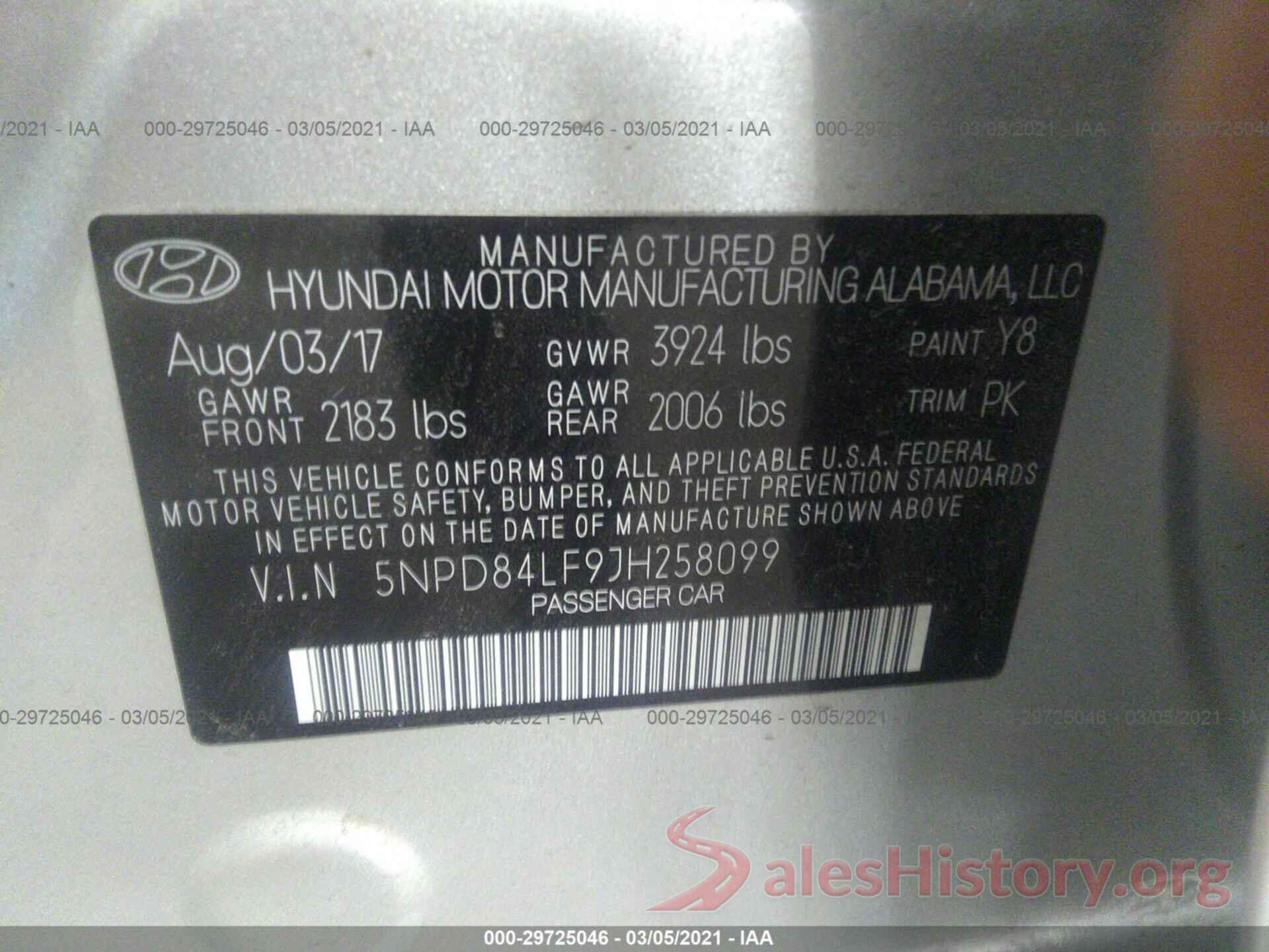 5NPD84LF9JH258099 2018 HYUNDAI ELANTRA