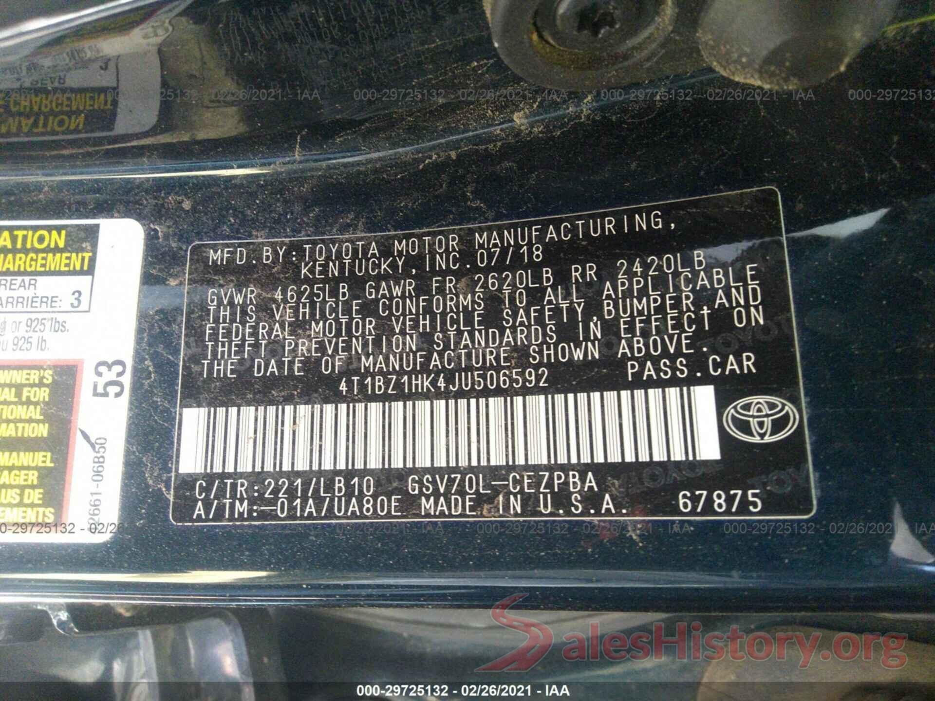 4T1BZ1HK4JU506592 2018 TOYOTA CAMRY