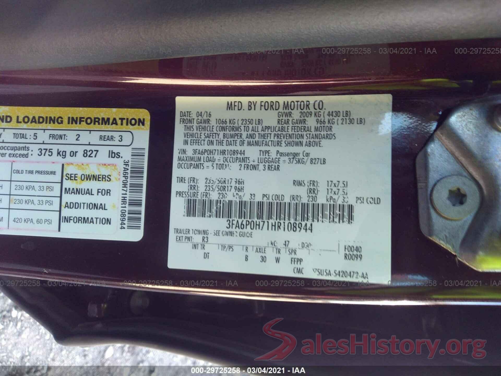 3FA6P0H71HR108944 2017 FORD FUSION