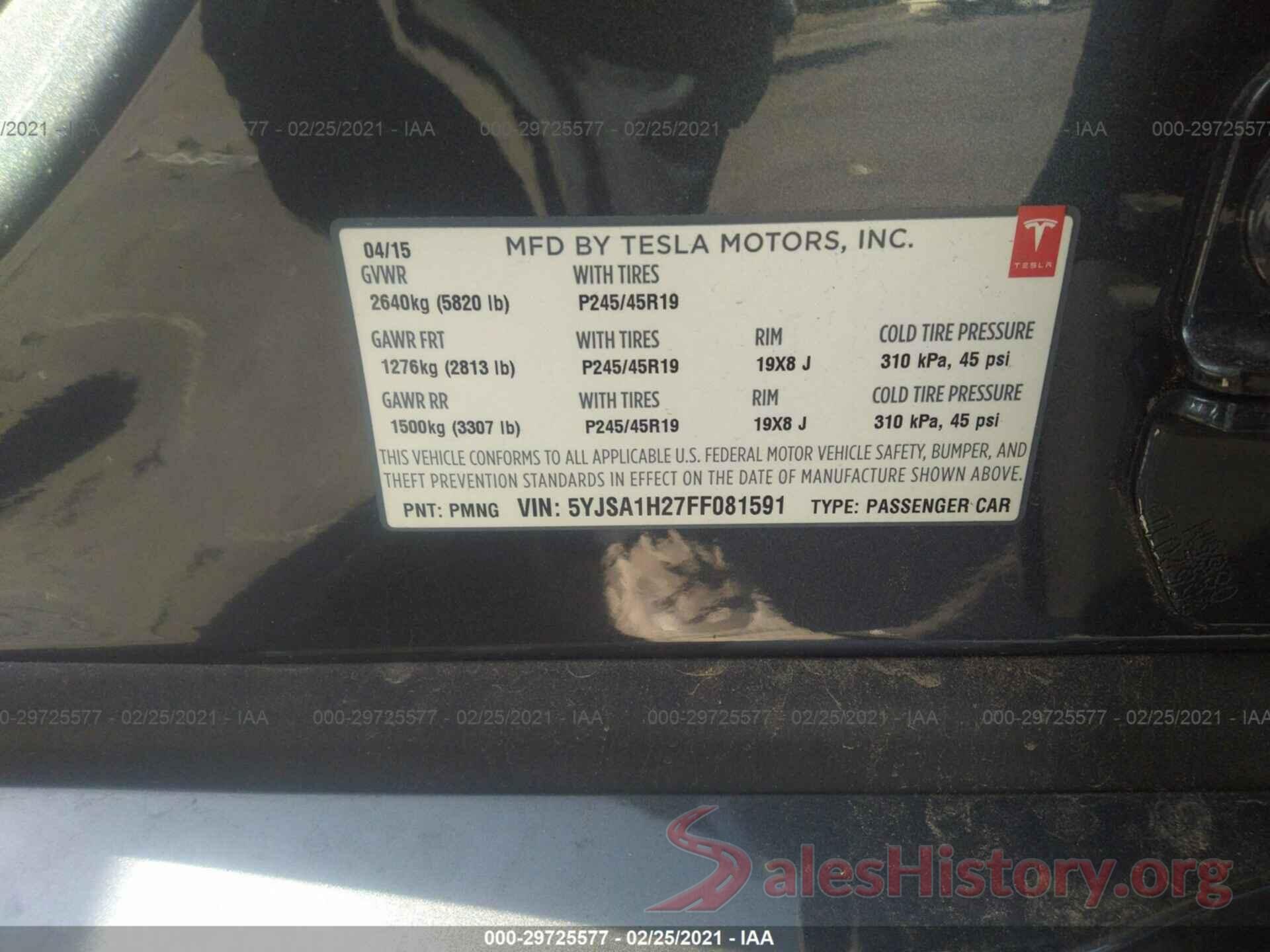 5YJSA1H27FF081591 2015 TESLA MODEL S