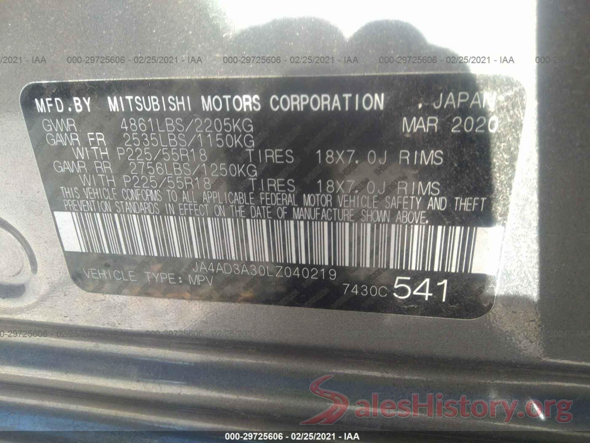 JA4AD3A30LZ040219 2020 MITSUBISHI OUTLANDER