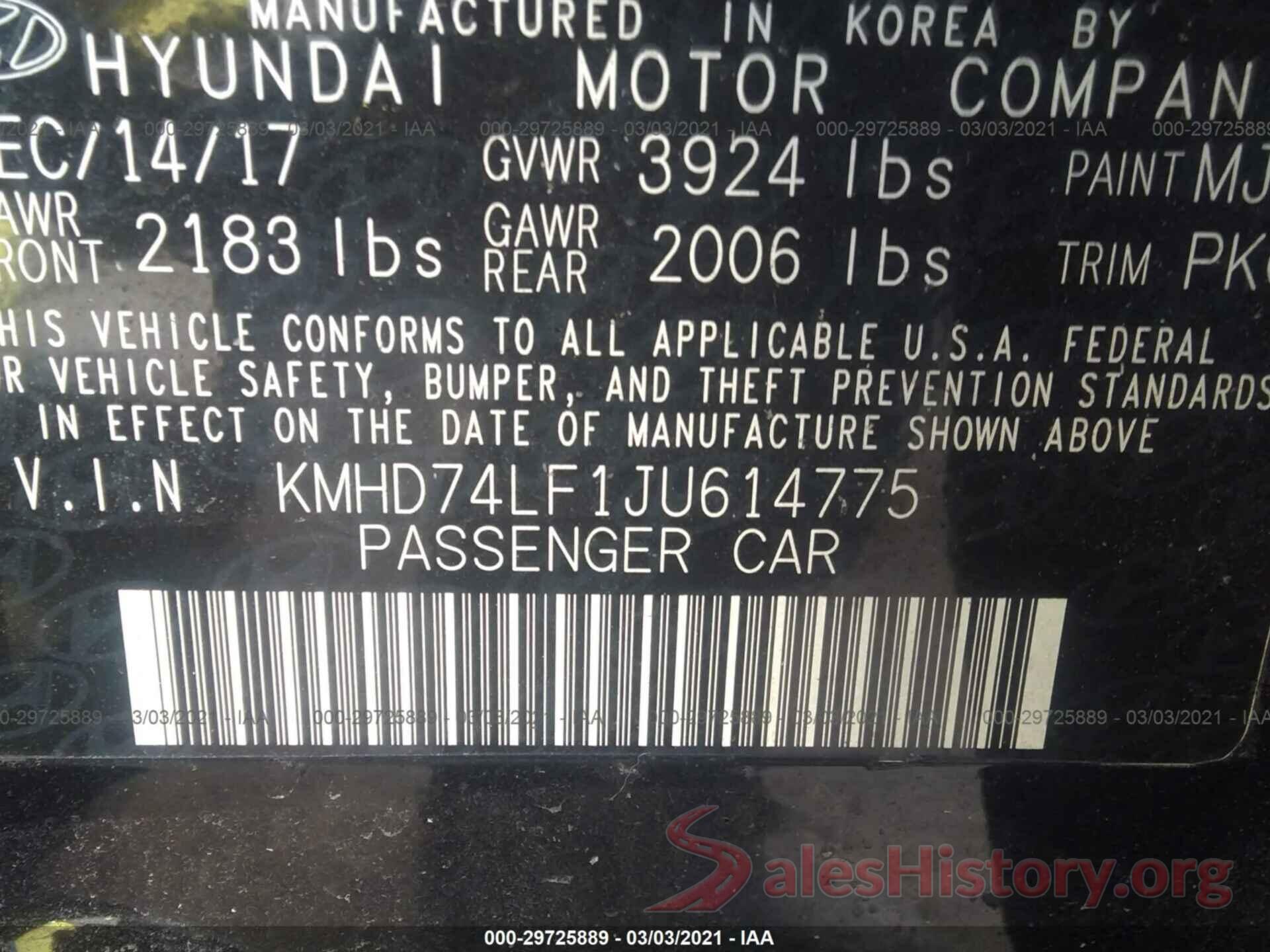 KMHD74LF1JU614775 2018 HYUNDAI ELANTRA