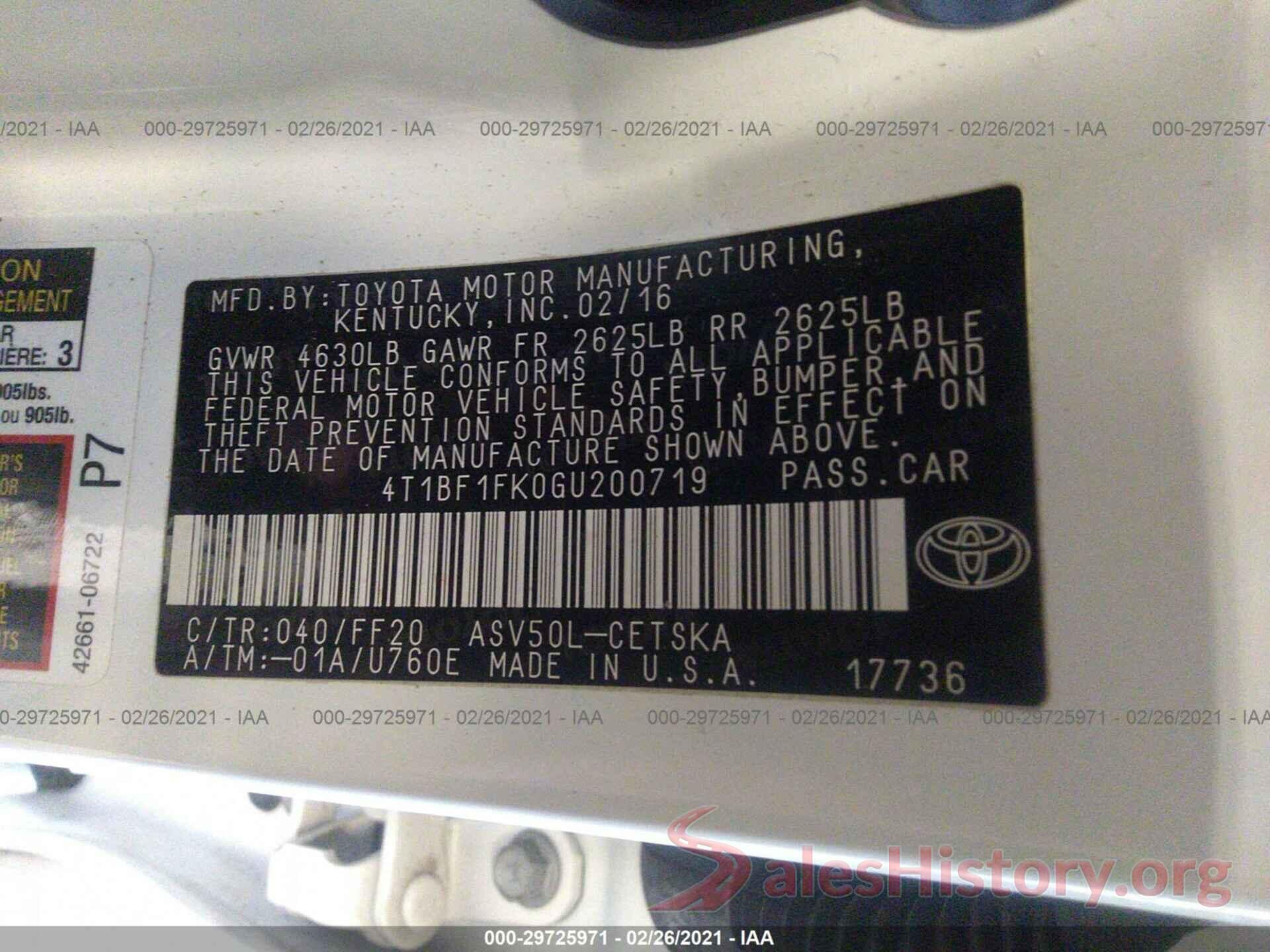 4T1BF1FK0GU200719 2016 TOYOTA CAMRY