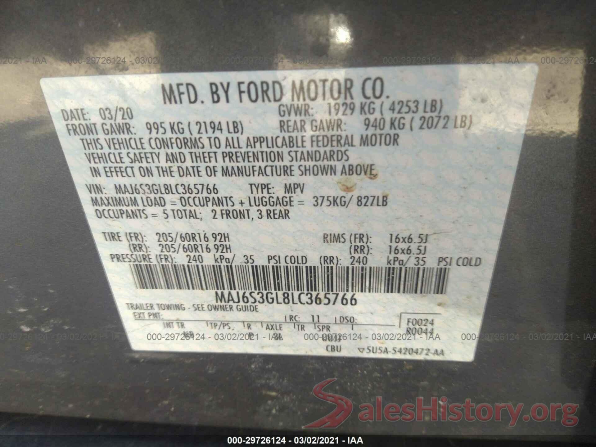 MAJ6S3GL8LC365766 2020 FORD ECOSPORT