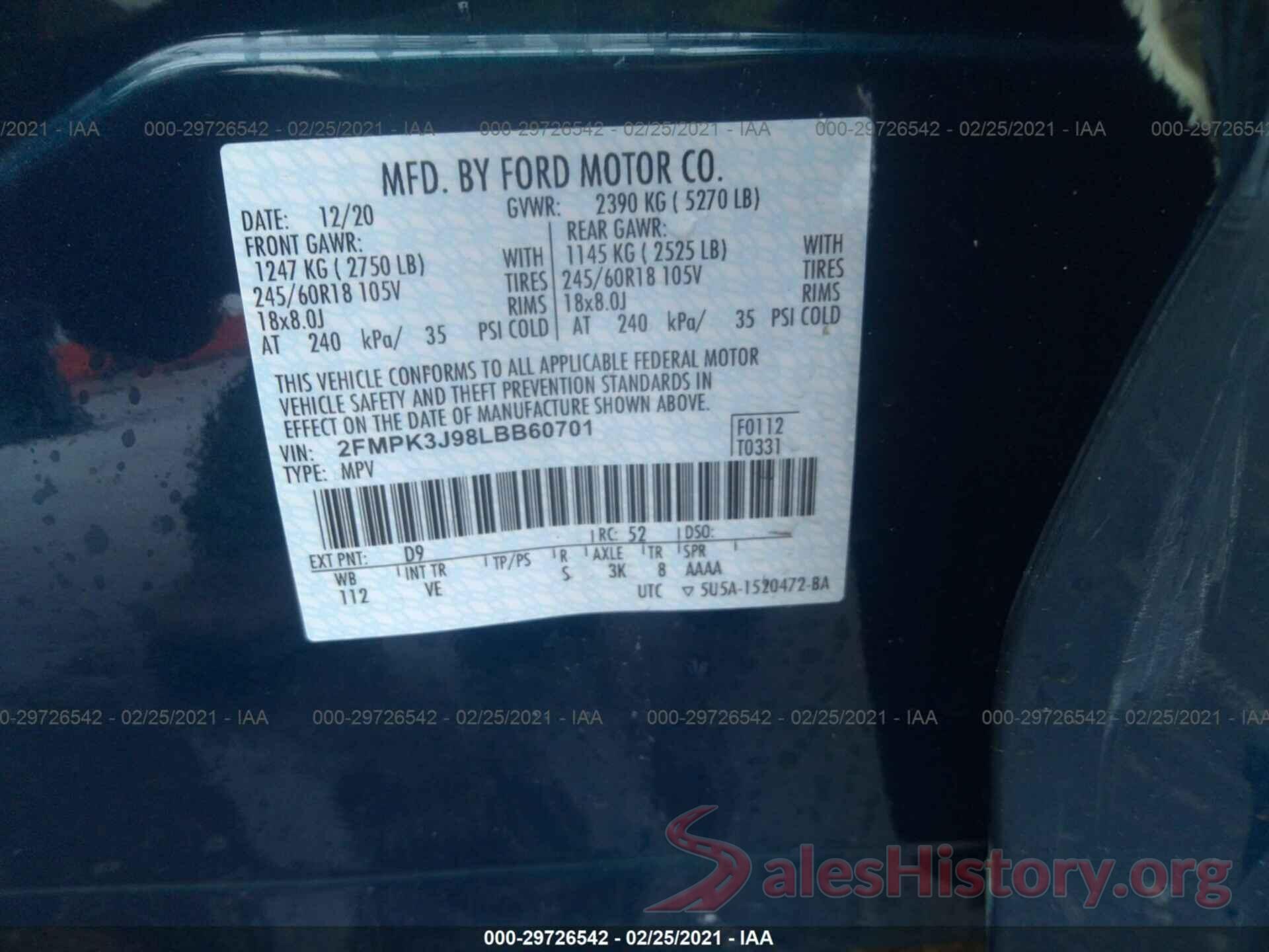 2FMPK3J98LBB60701 2020 FORD EDGE