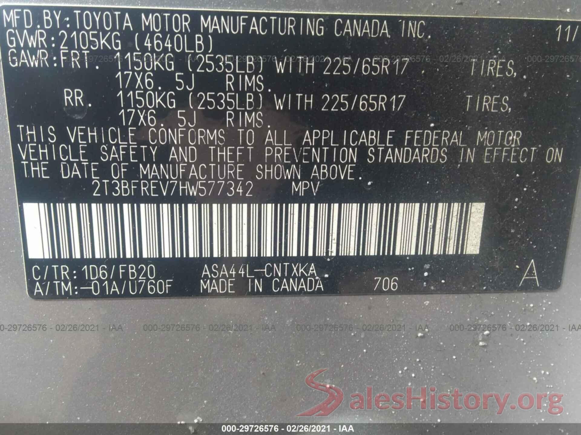 2T3BFREV7HW577342 2017 TOYOTA RAV4