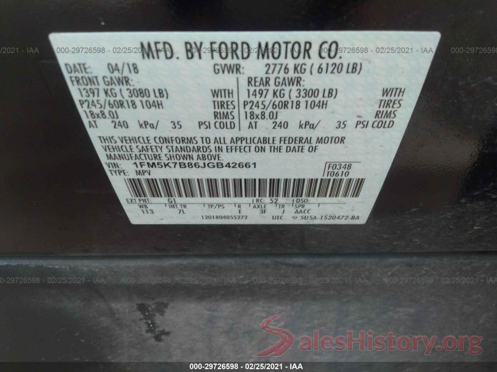 1FM5K7B86JGB42661 2018 FORD EXPLORER