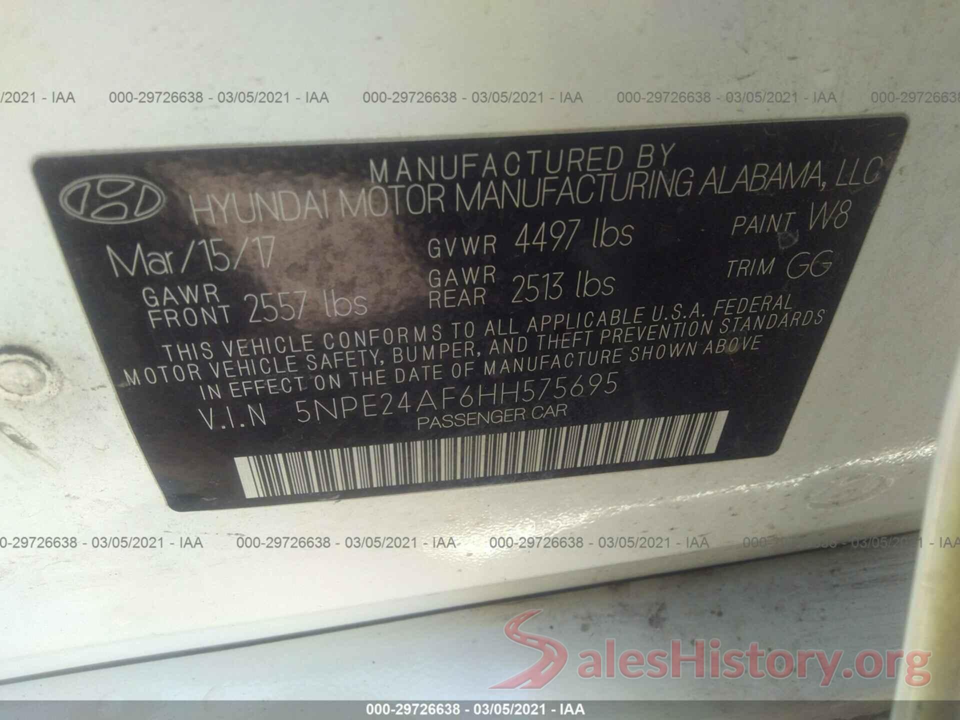 5NPE24AF6HH575695 2017 HYUNDAI SONATA