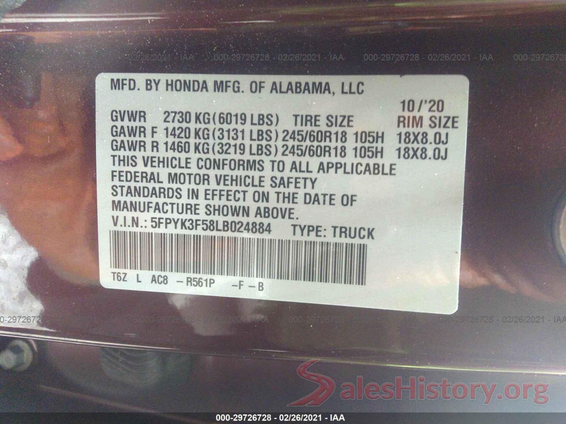 5FPYK3F58LB024884 2020 HONDA RIDGELINE