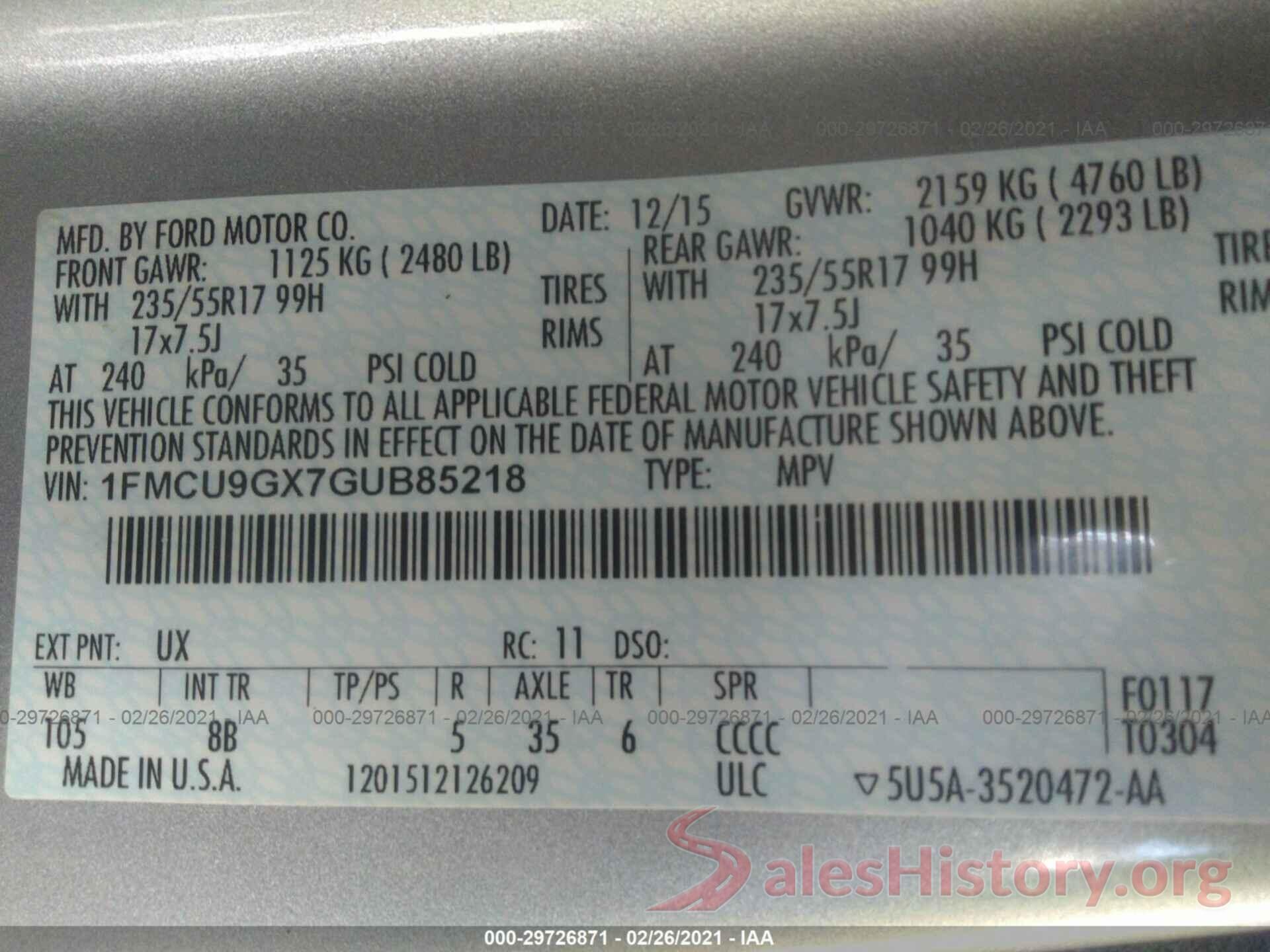 1FMCU9GX7GUB85218 2016 FORD ESCAPE