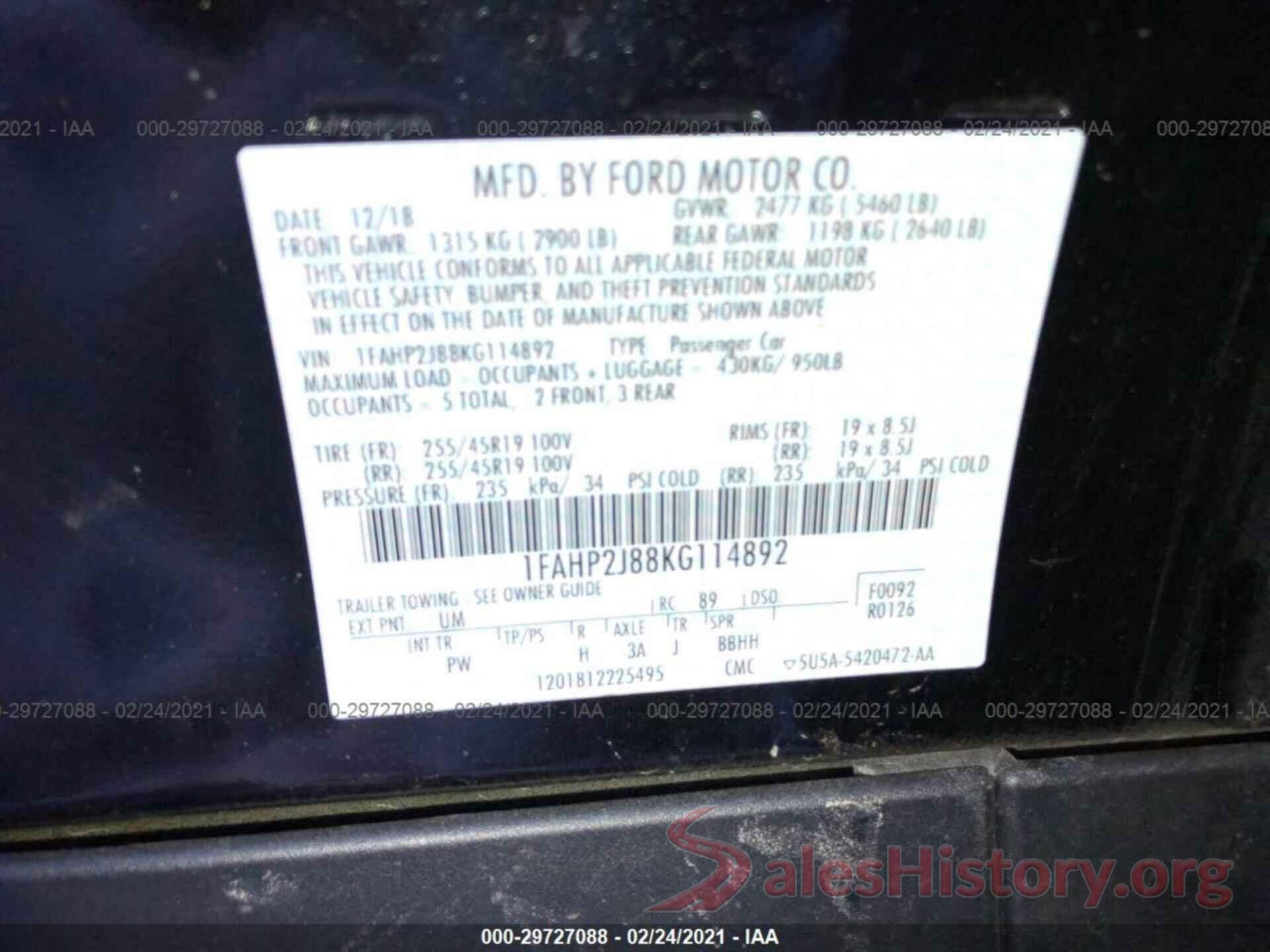 1FAHP2J88KG114892 2019 FORD TAURUS