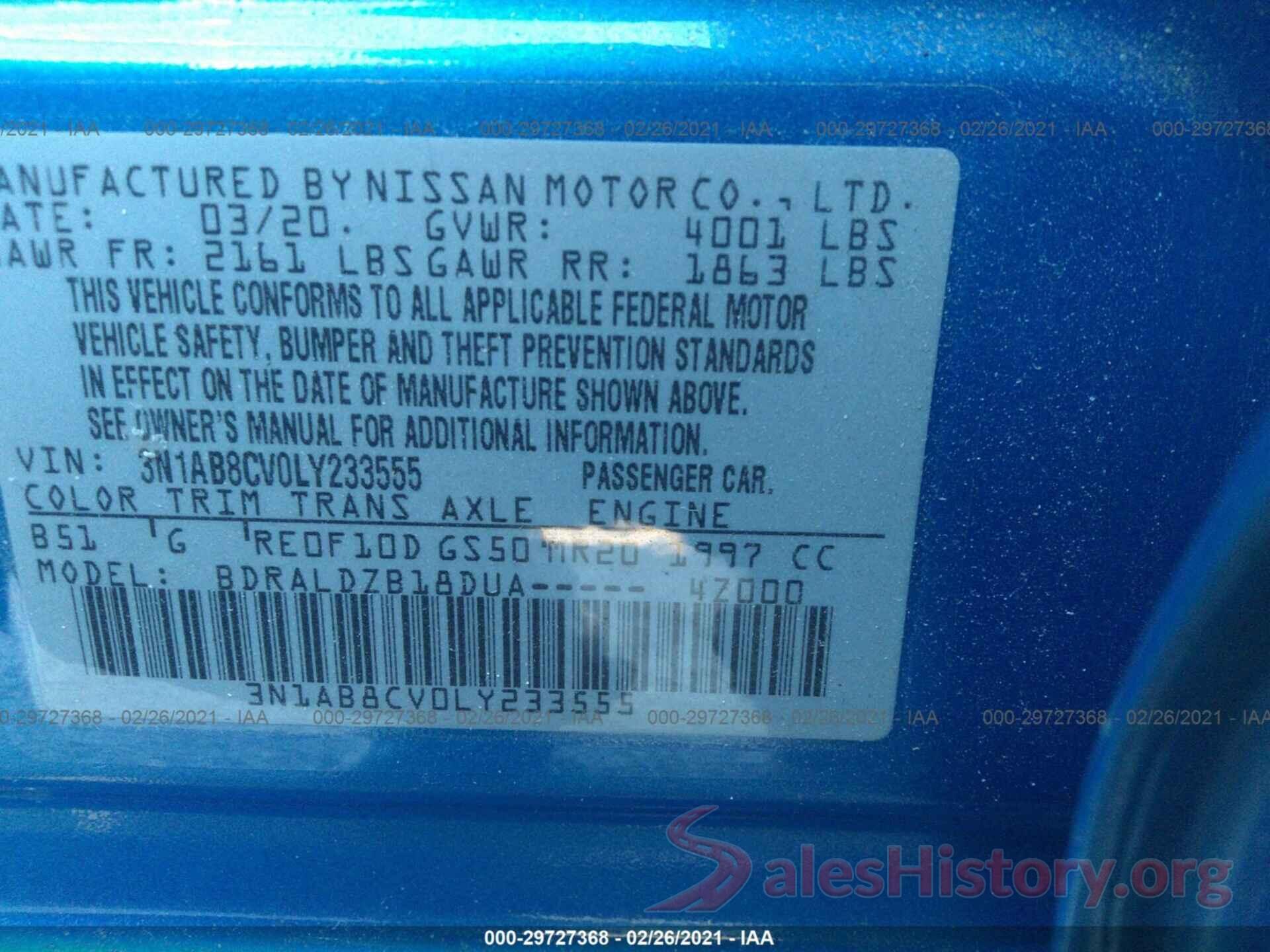 3N1AB8CV0LY233555 2020 NISSAN SENTRA