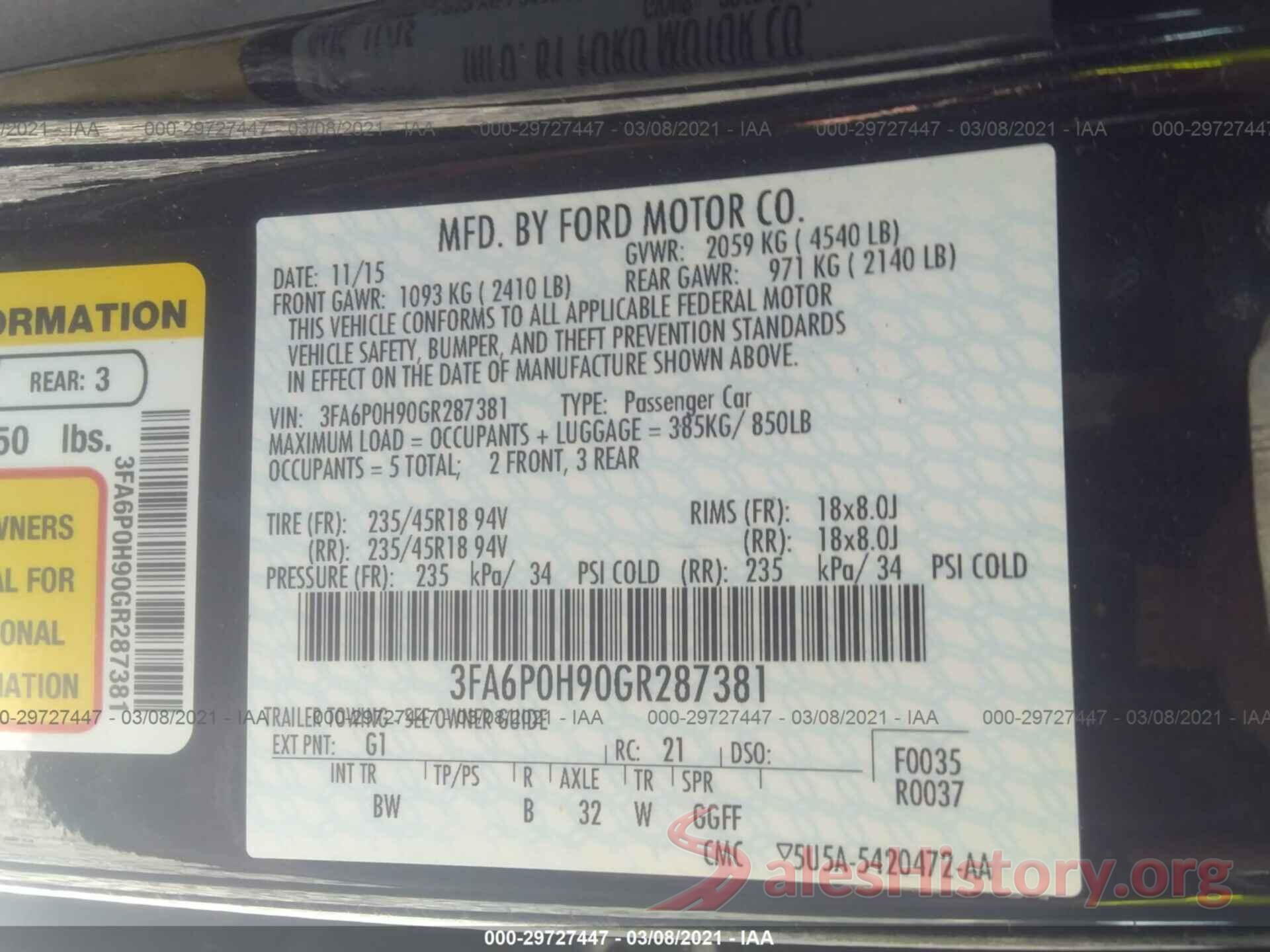 3FA6P0H90GR287381 2016 FORD FUSION