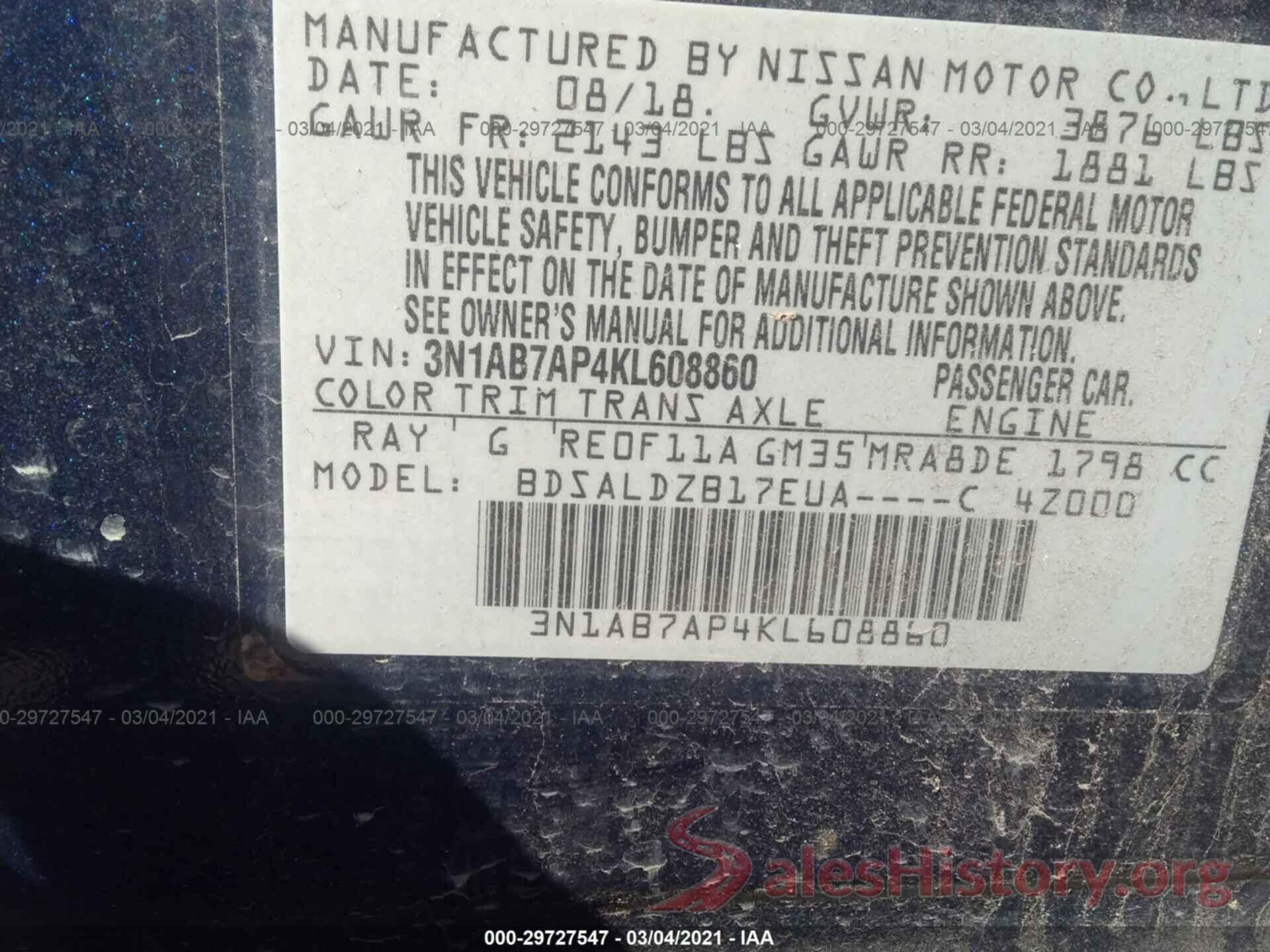 3N1AB7AP4KL608860 2019 NISSAN SENTRA