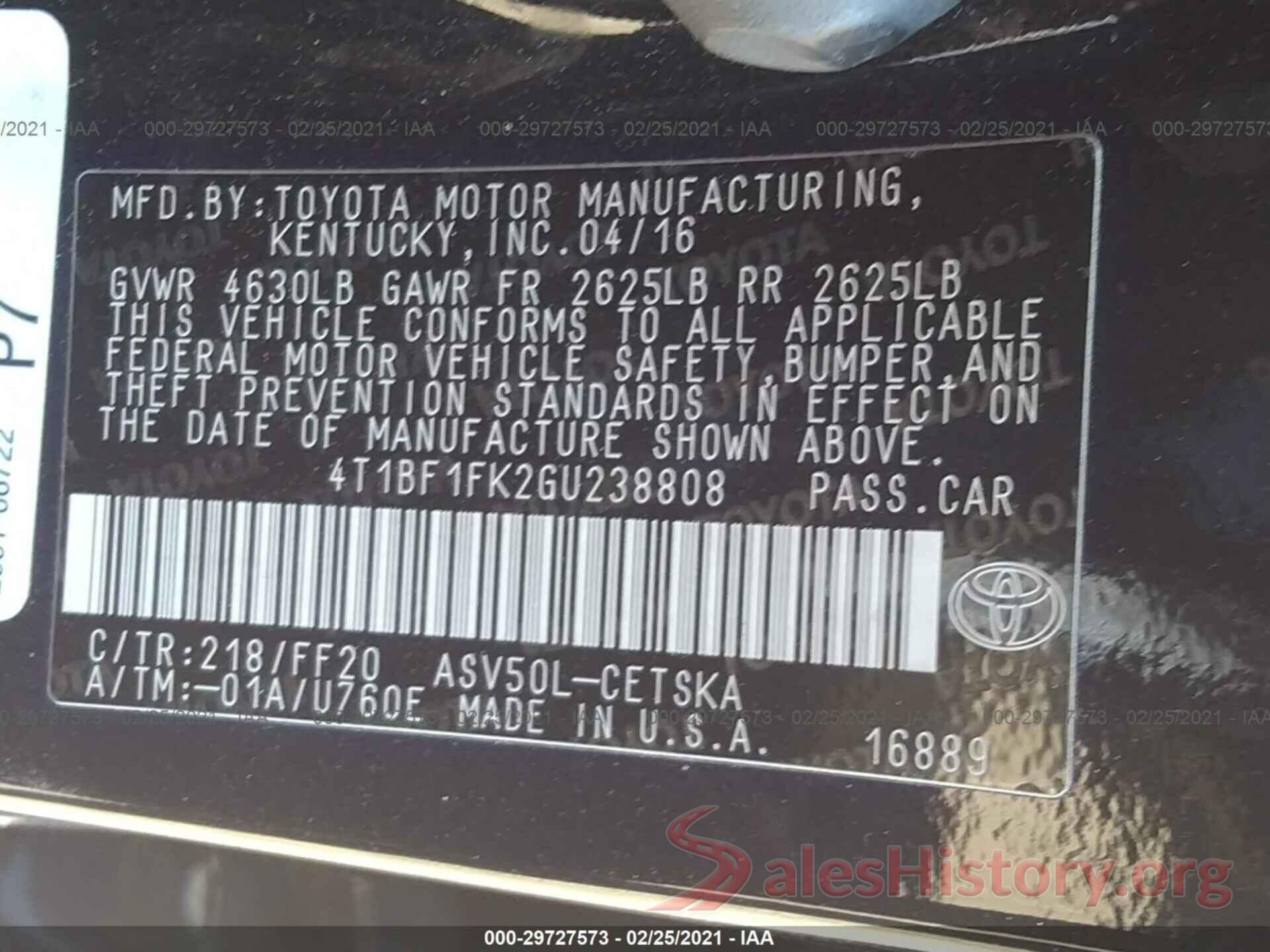 4T1BF1FK2GU238808 2016 TOYOTA CAMRY