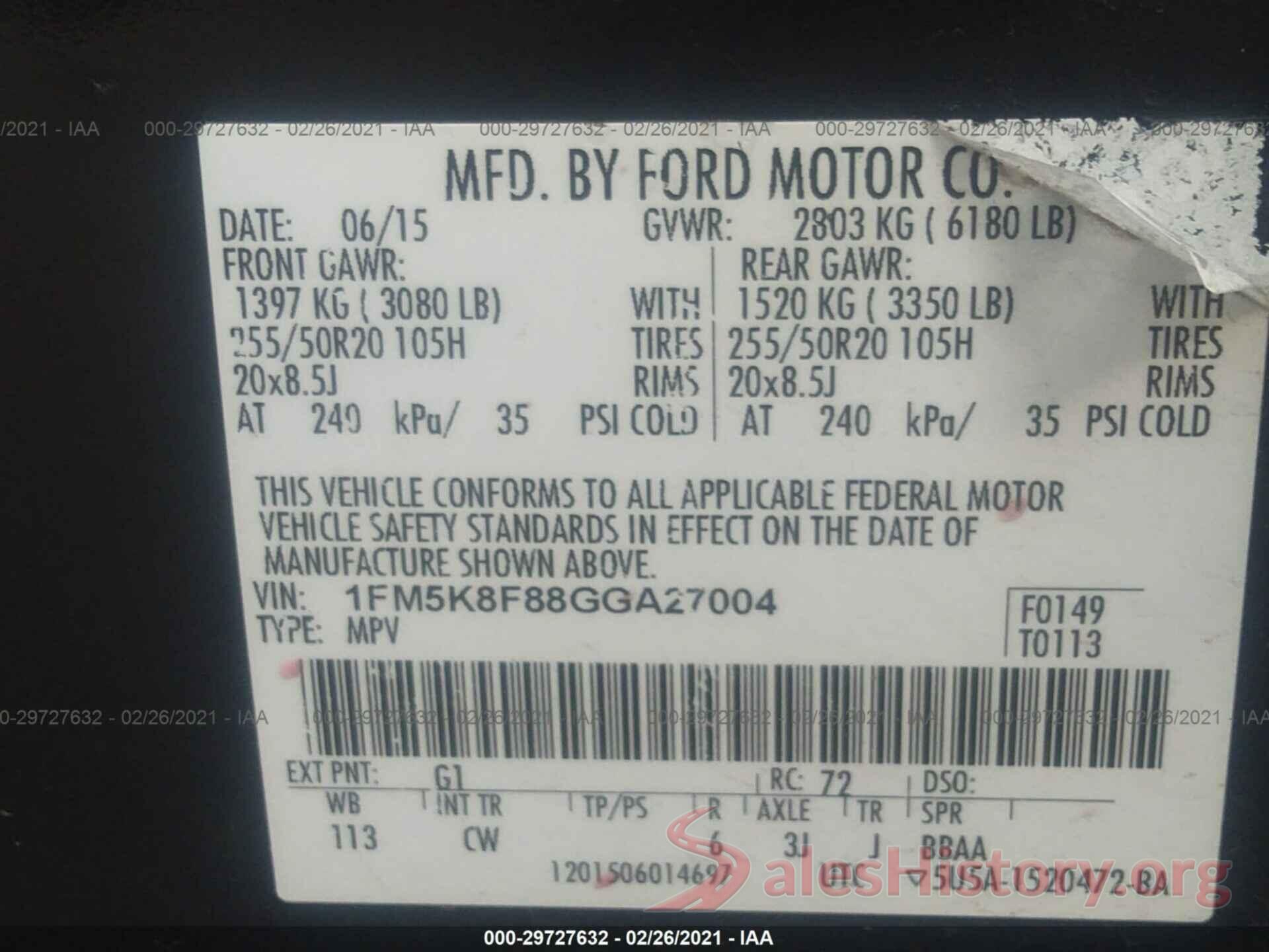 1FM5K8F88GGA27004 2016 FORD EXPLORER