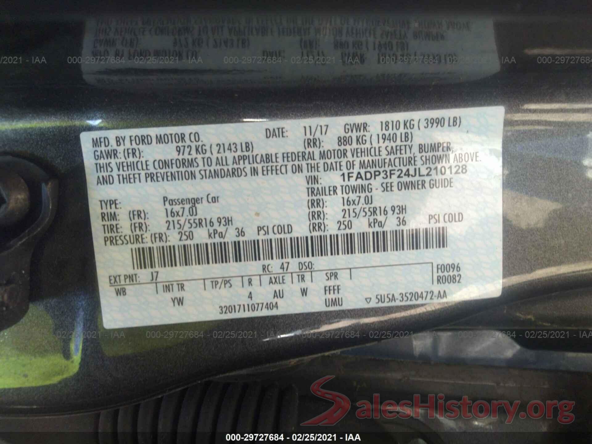 1FADP3F24JL210128 2018 FORD FOCUS