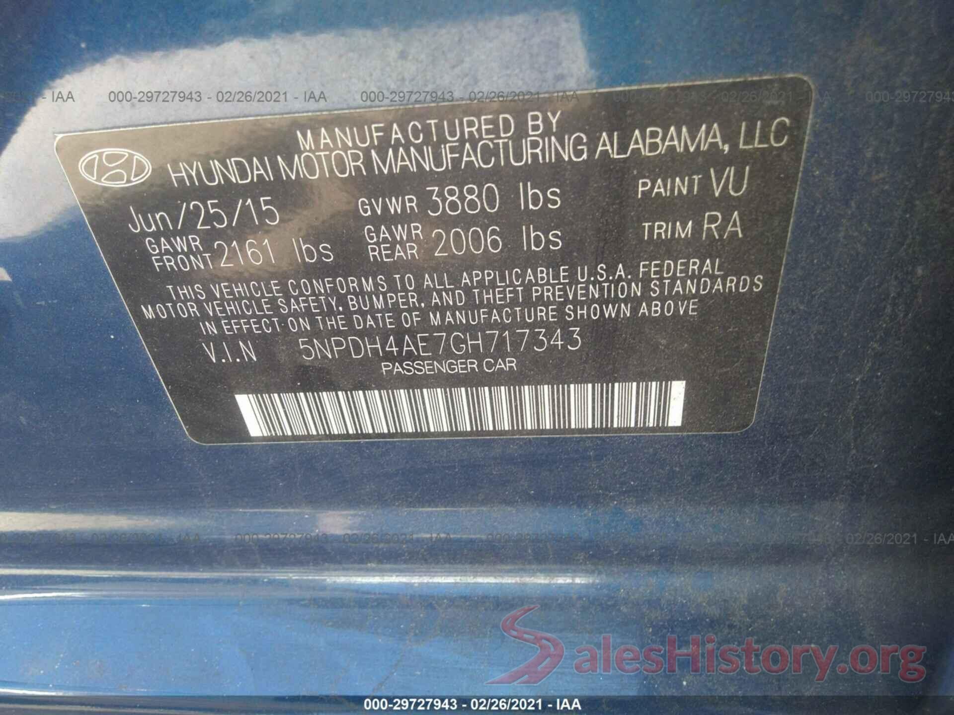 5NPDH4AE7GH717343 2016 HYUNDAI ELANTRA