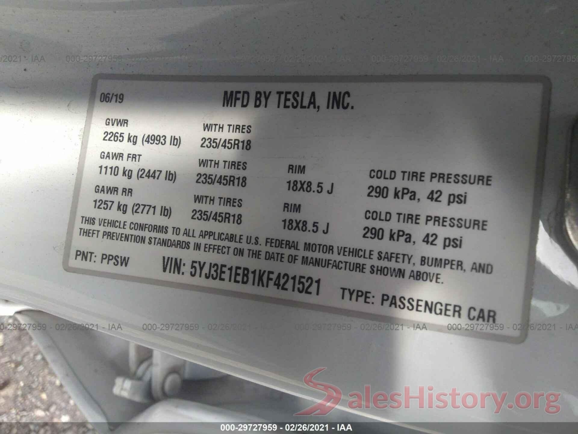 5YJ3E1EB1KF421521 2019 TESLA MODEL 3