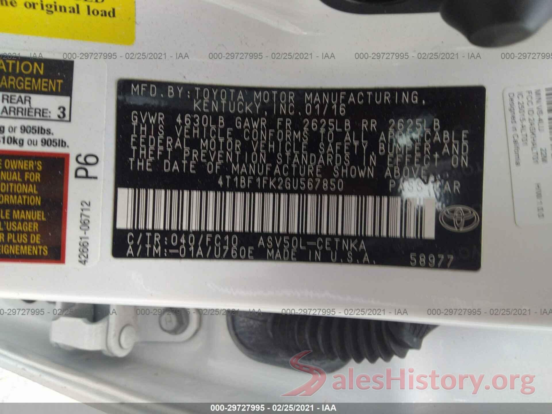 4T1BF1FK2GU567850 2016 TOYOTA CAMRY