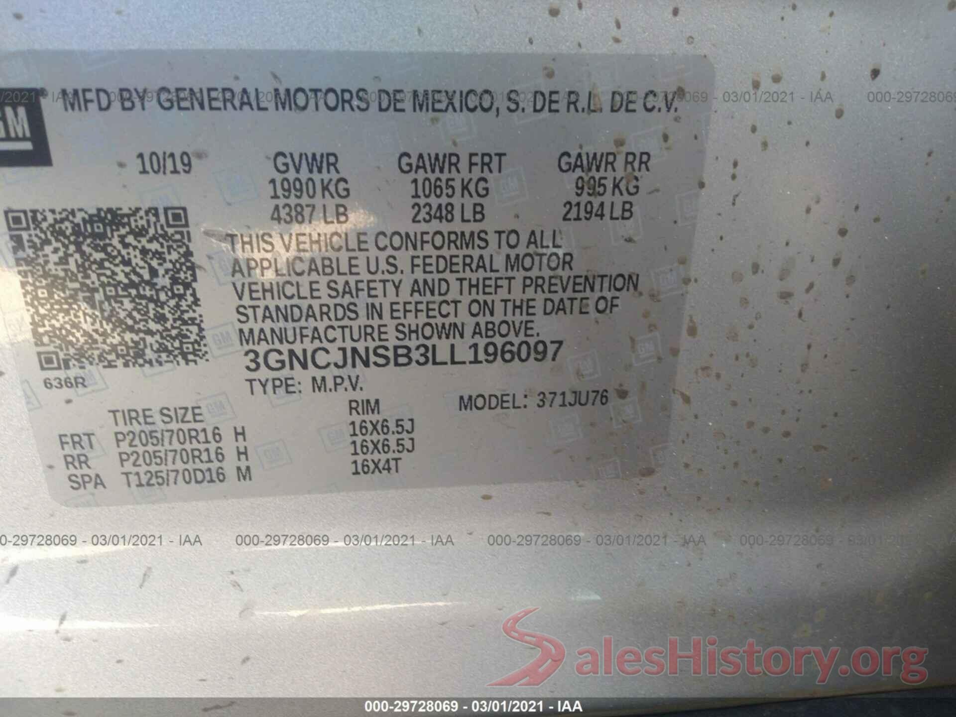 3GNCJNSB3LL196097 2020 CHEVROLET TRAX