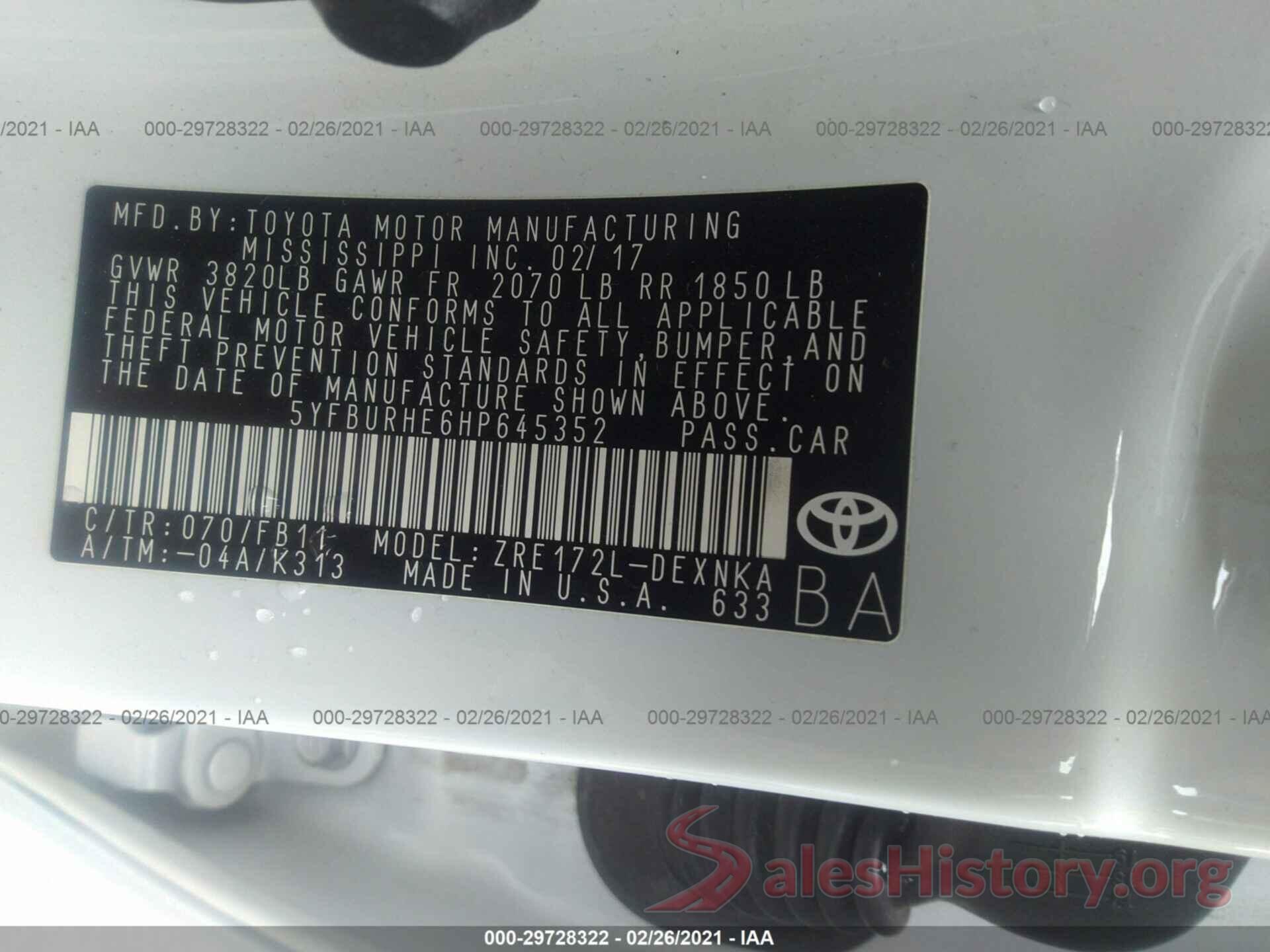 5YFBURHE6HP645352 2017 TOYOTA COROLLA