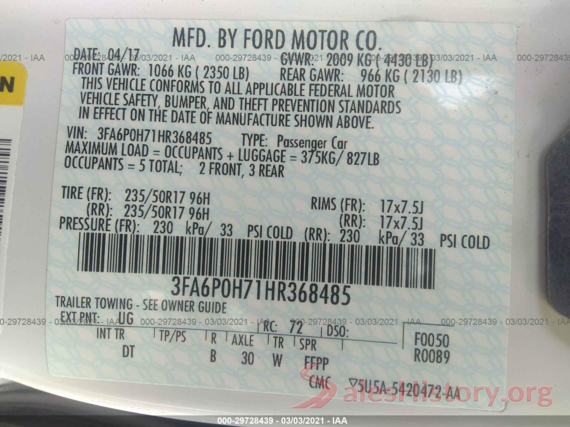 3FA6P0H71HR368485 2017 FORD FUSION