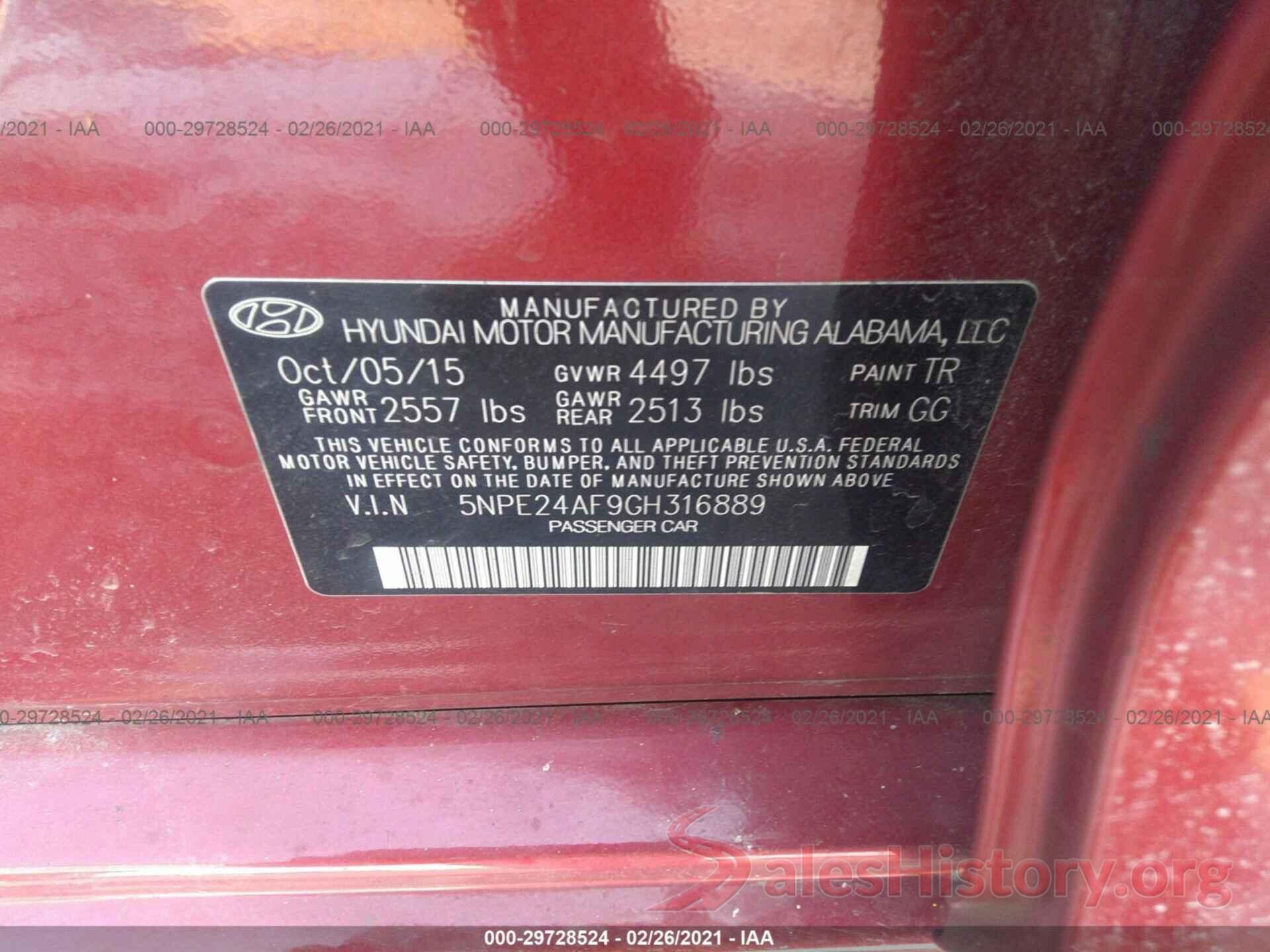 5NPE24AF9GH316889 2016 HYUNDAI SONATA