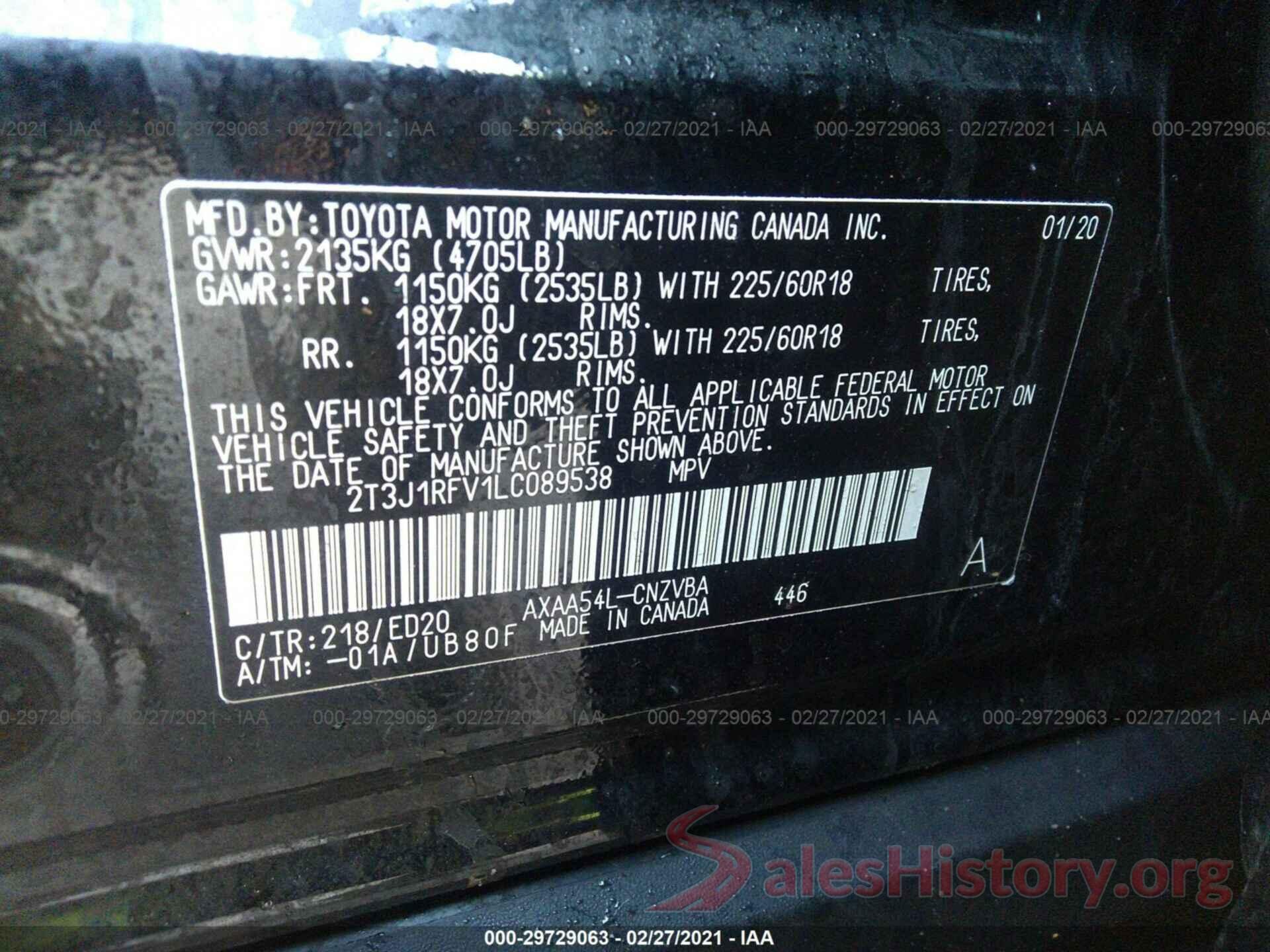 2T3J1RFV1LC089538 2020 TOYOTA RAV4