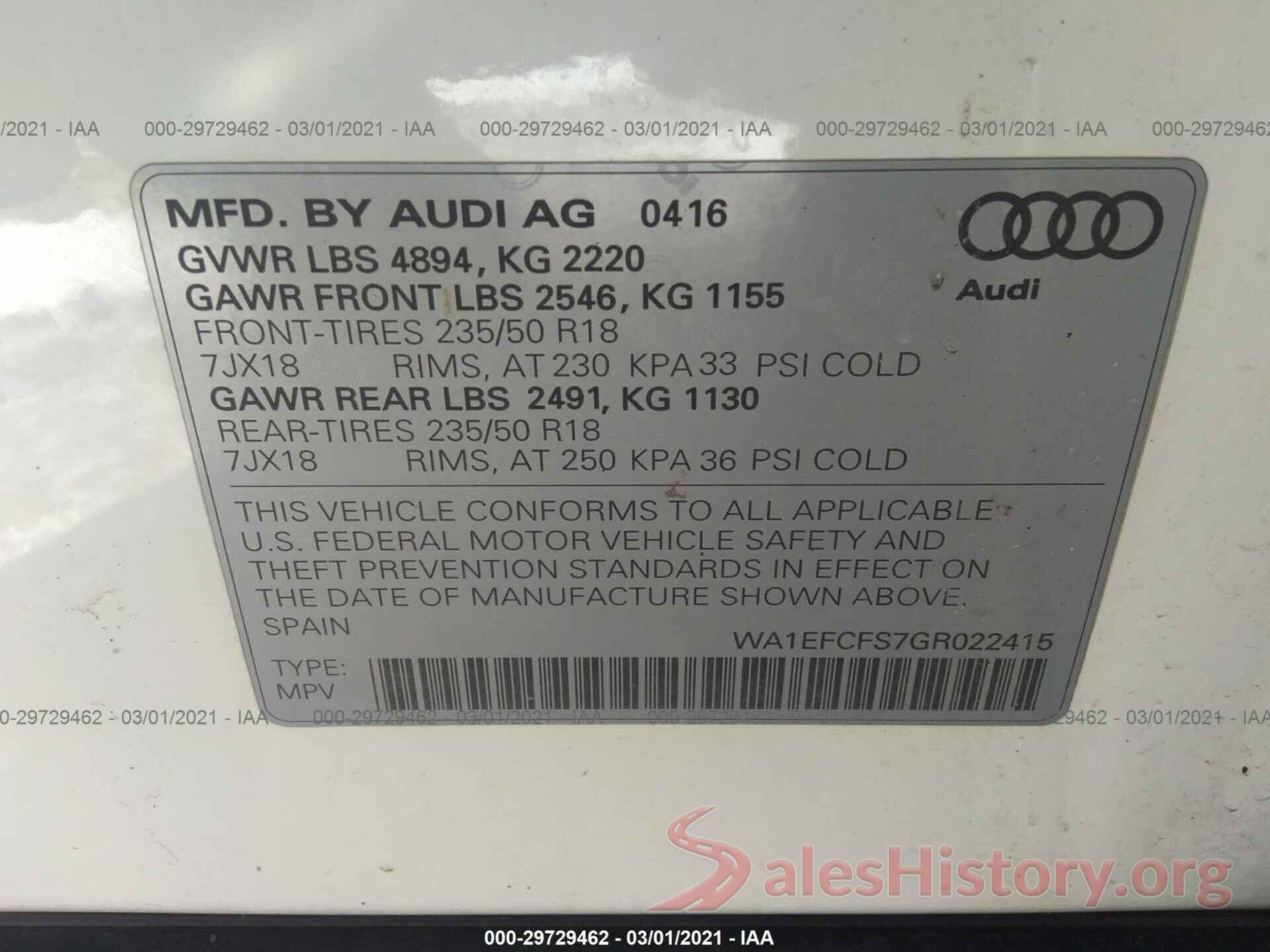 WA1EFCFS7GR022415 2016 AUDI Q3