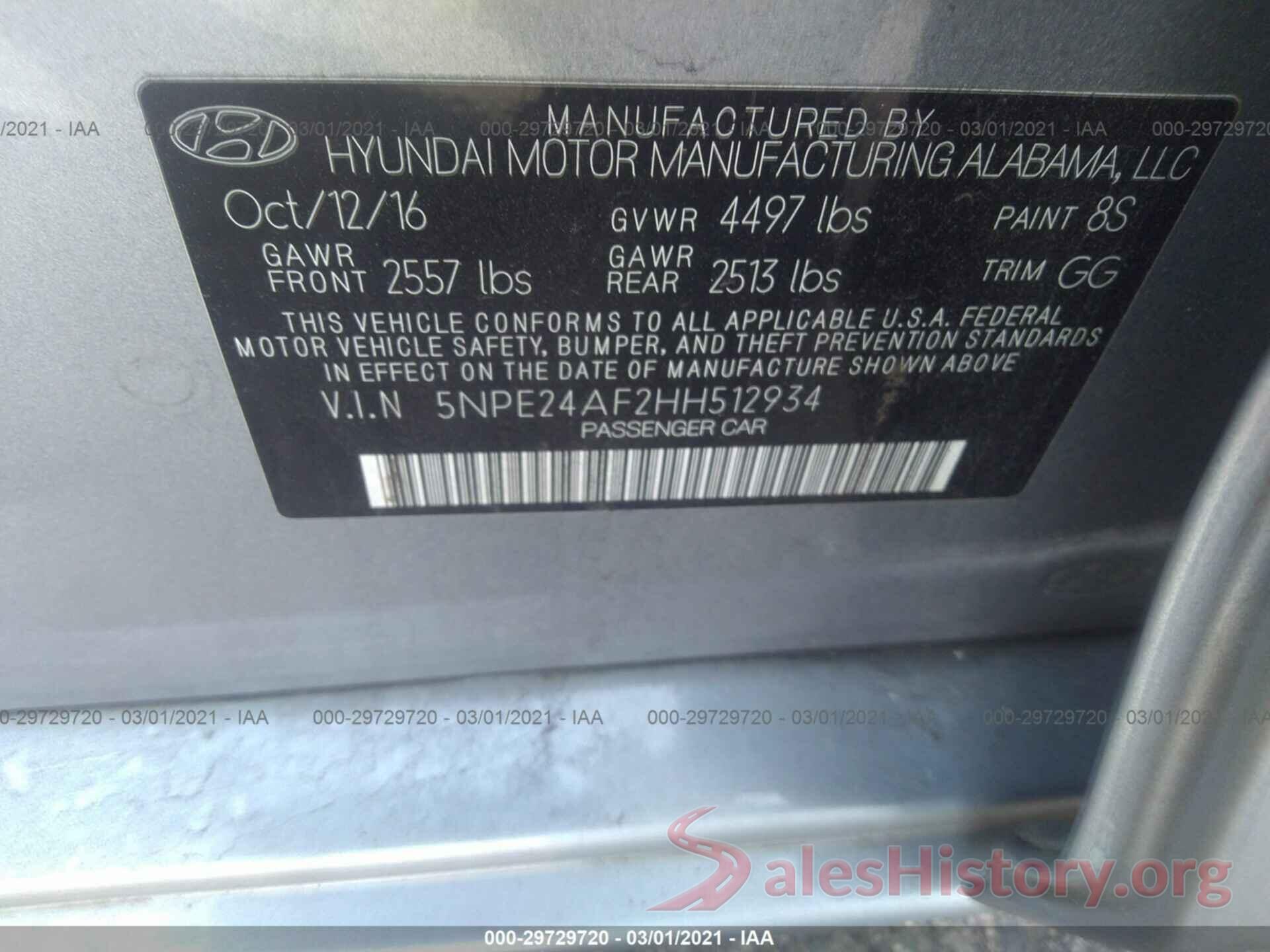 5NPE24AF2HH512934 2017 HYUNDAI SONATA