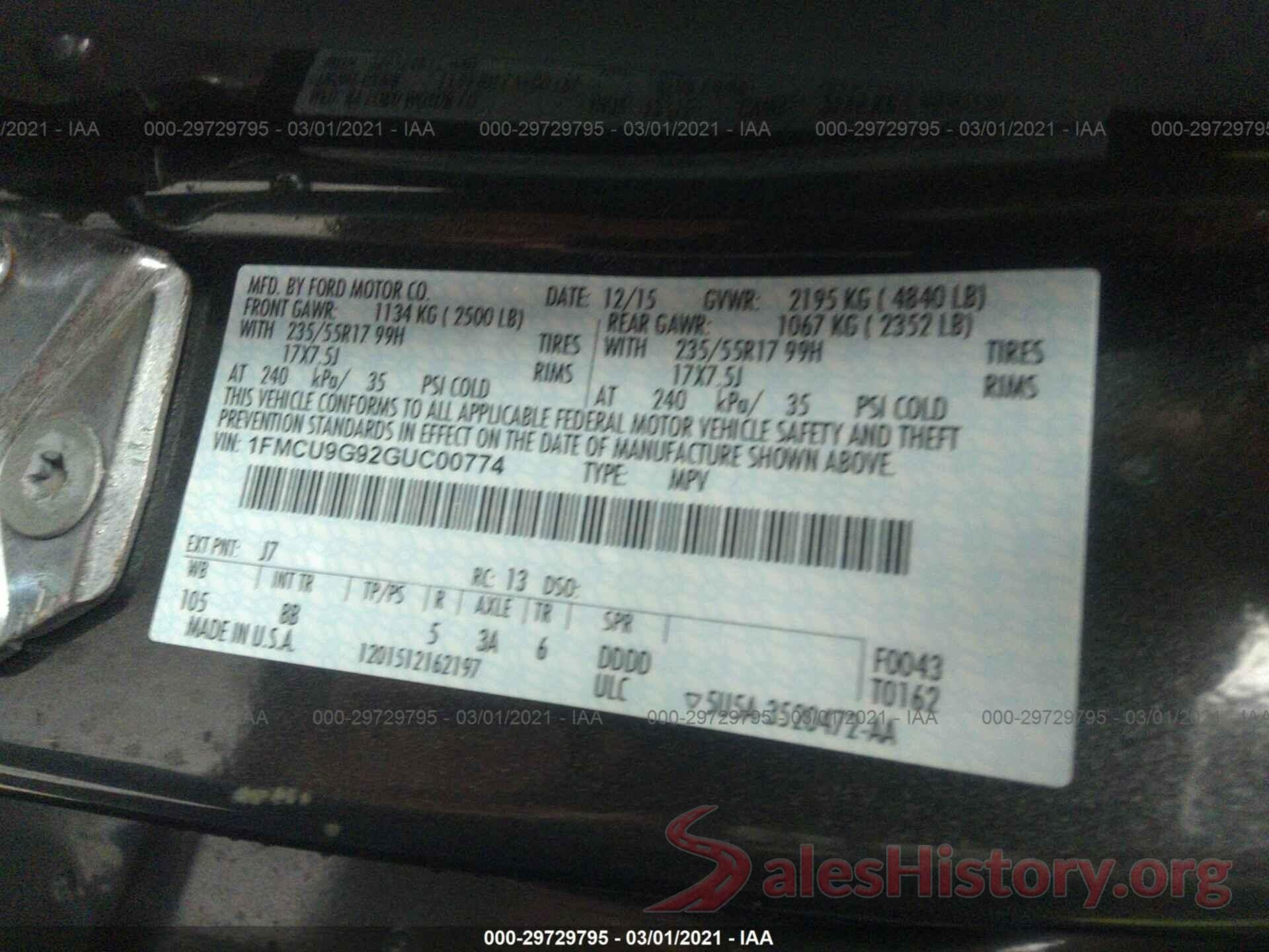 1FMCU9G92GUC00774 2016 FORD ESCAPE