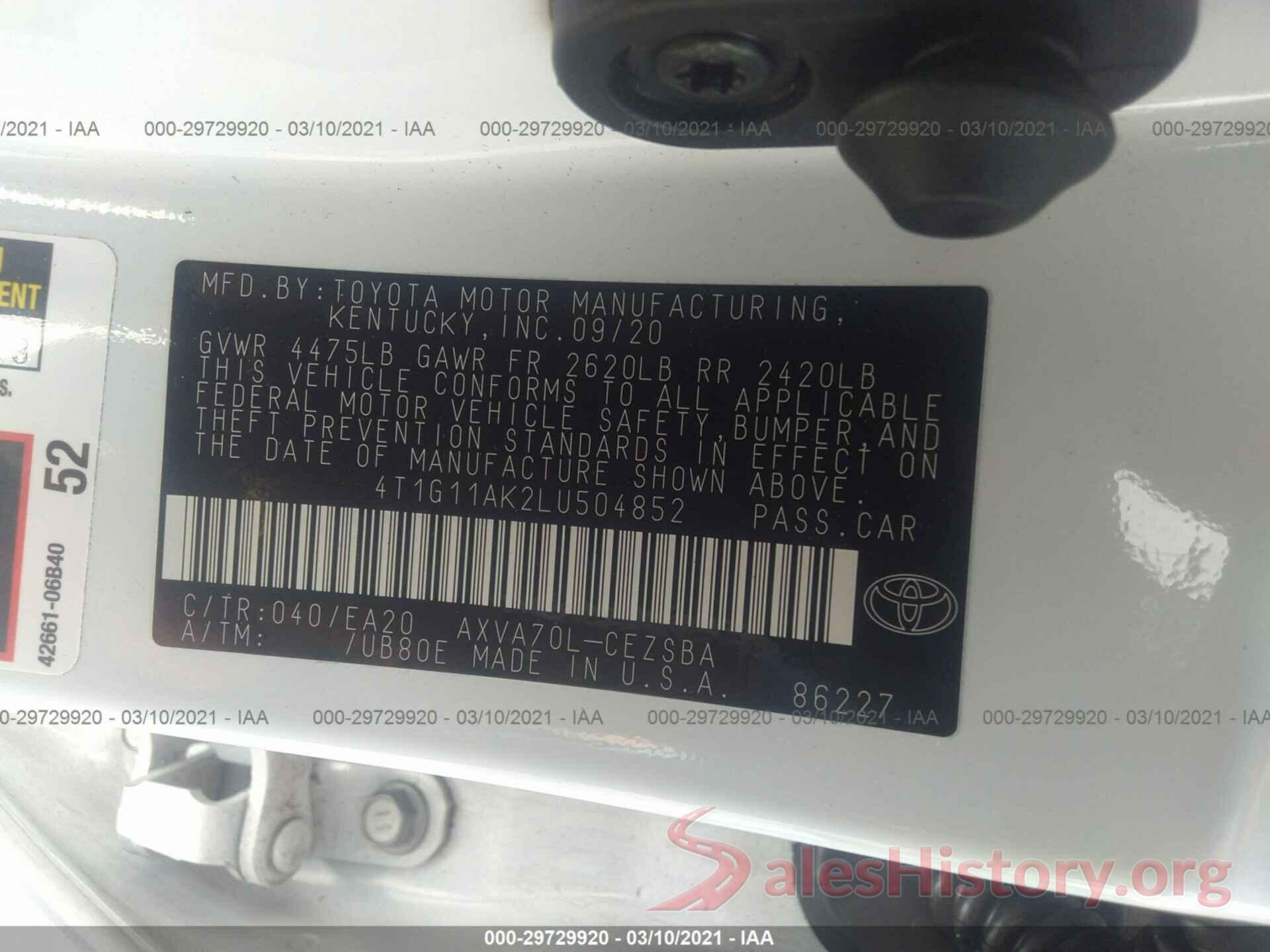 4T1G11AK2LU504852 2020 TOYOTA CAMRY