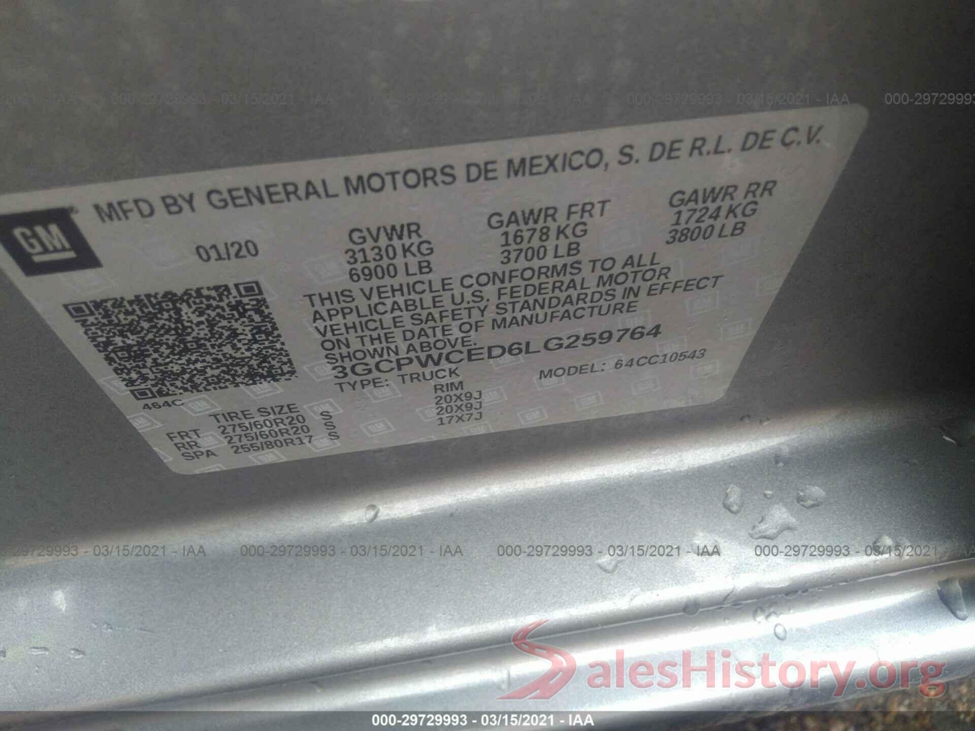 3GCPWCED6LG259764 2020 CHEVROLET SILVERADO 1500