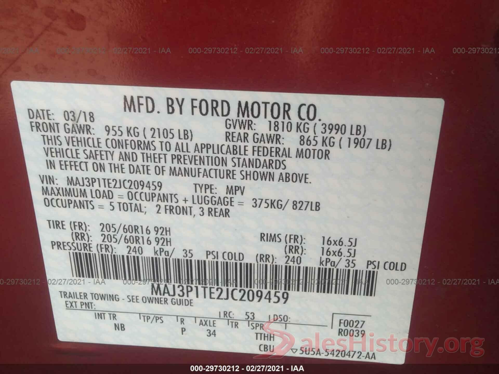 MAJ3P1TE2JC209459 2018 FORD ECOSPORT